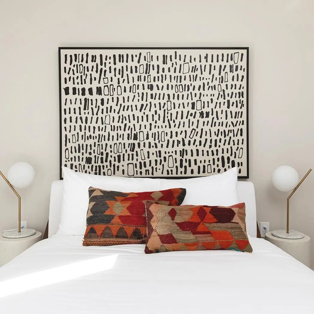 Red Orange & Black Vintage Kilim Lumbar - BlackBlack & WhitekilimHUNTEDFOX - vintage - red - kilim - lumbar - throw - pillow on bed in white room