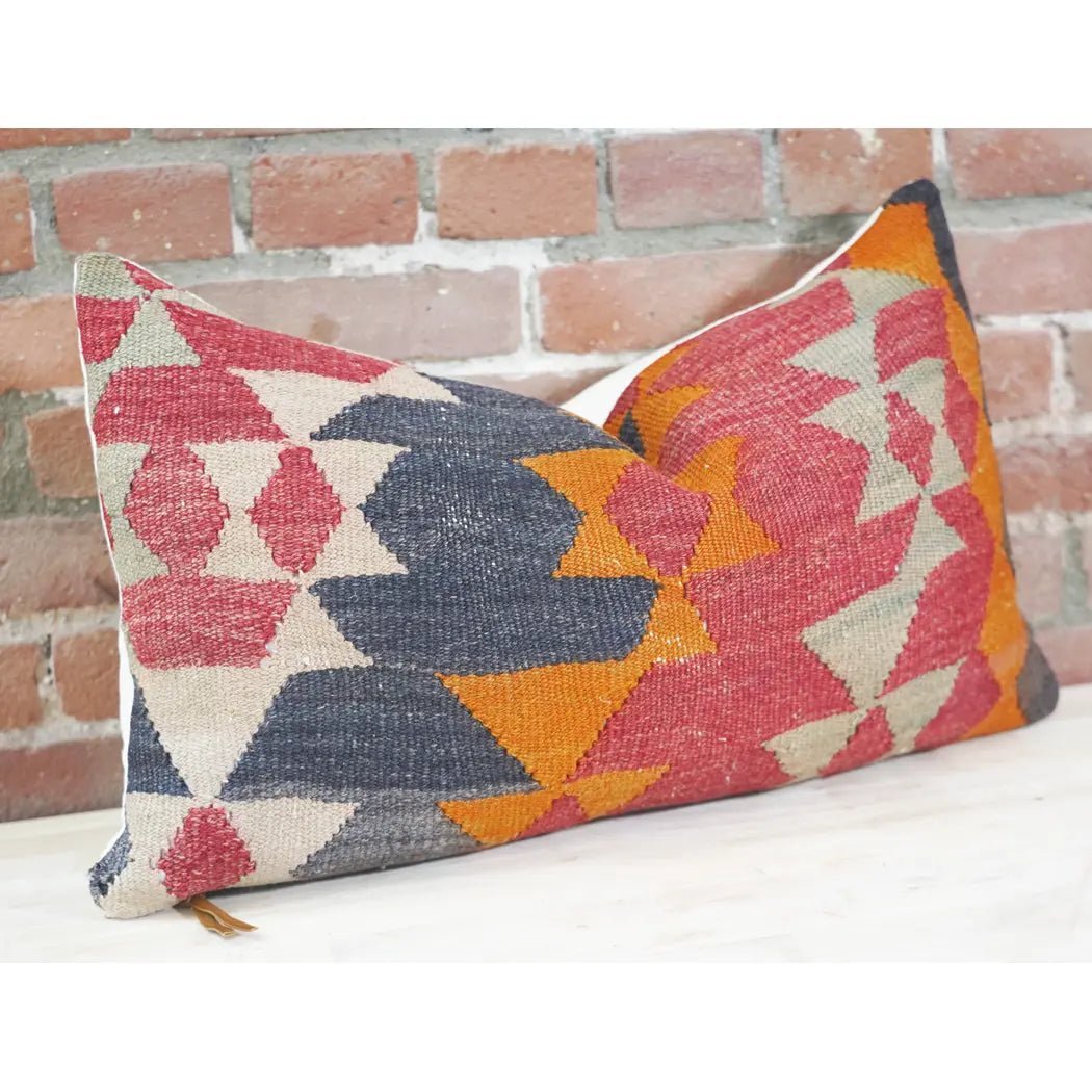 Red Orange & Blue Vintage Lumbar Pillow-Boho Decor