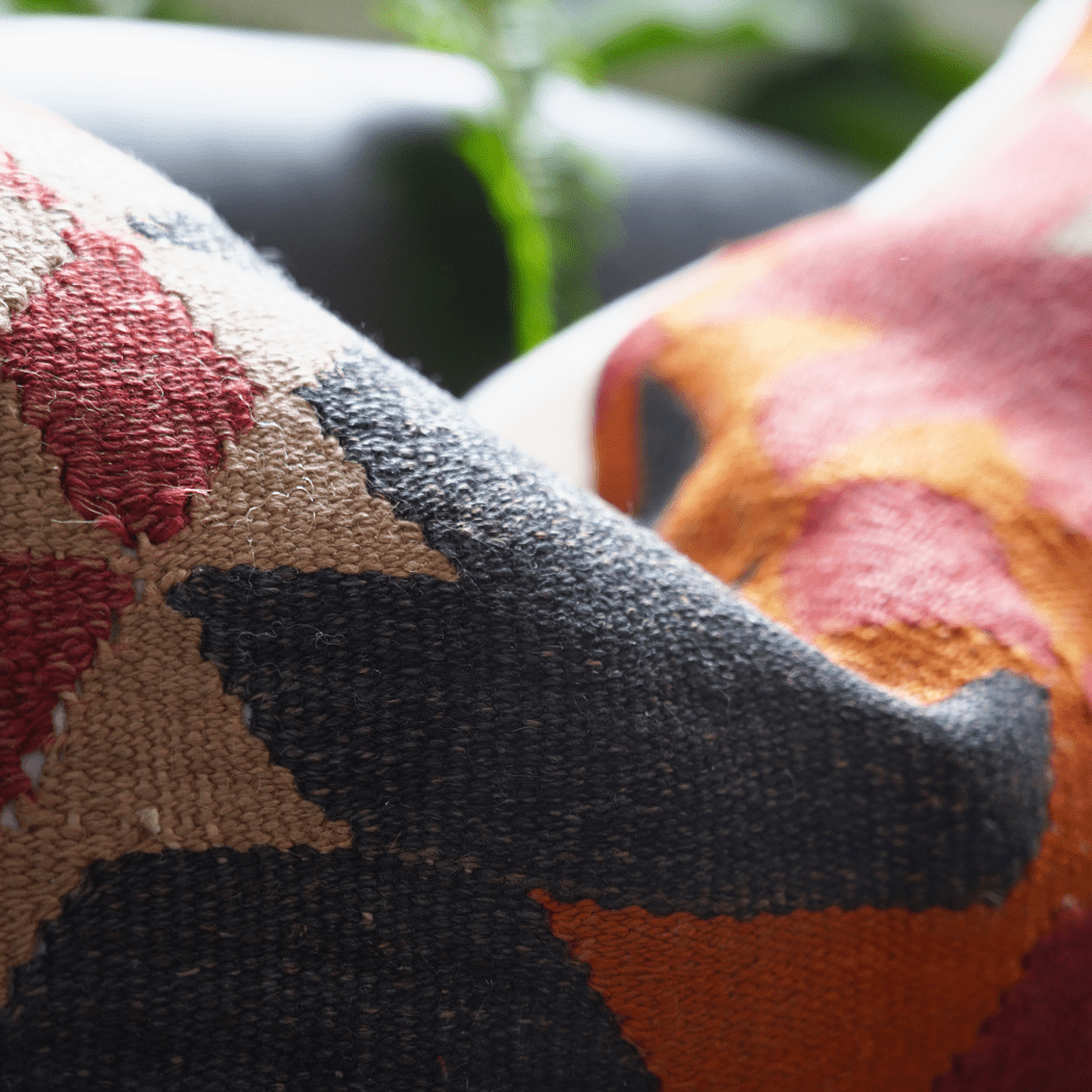 Red Orange & Blue Vintage Lumbar Pillow - kilimLumbar PillowsOrangeHUNTEDFOX - Red Orange & Blue Vintage Lumbar Pillow