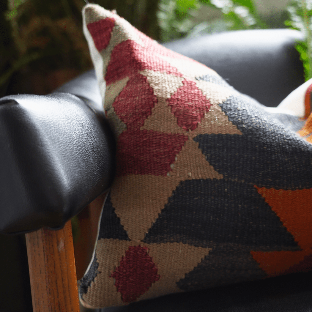 Red Orange & Blue Vintage Lumbar Pillow - kilimLumbar PillowsOrangeHUNTEDFOX - Red Orange & Blue Vintage Lumbar Pillow