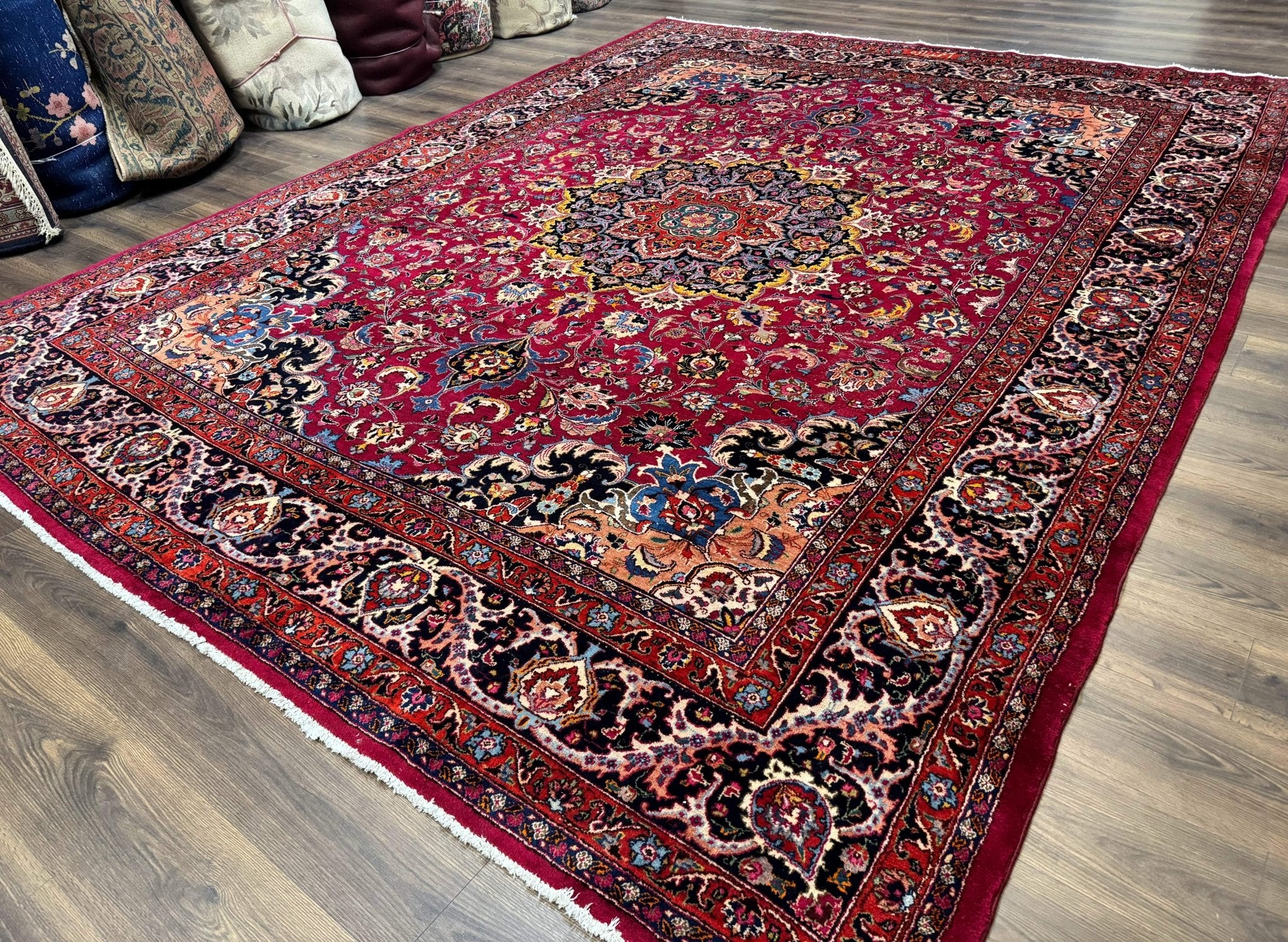 Red Persian Mashad Rug 10x13 - Floral Medallion Signed By Masterweaver - Jewel RugsShopify CollectiveHUNTEDFOX - Red Persian Mashad Rug 10x13 - Floral Medallion Signed By Masterweaver