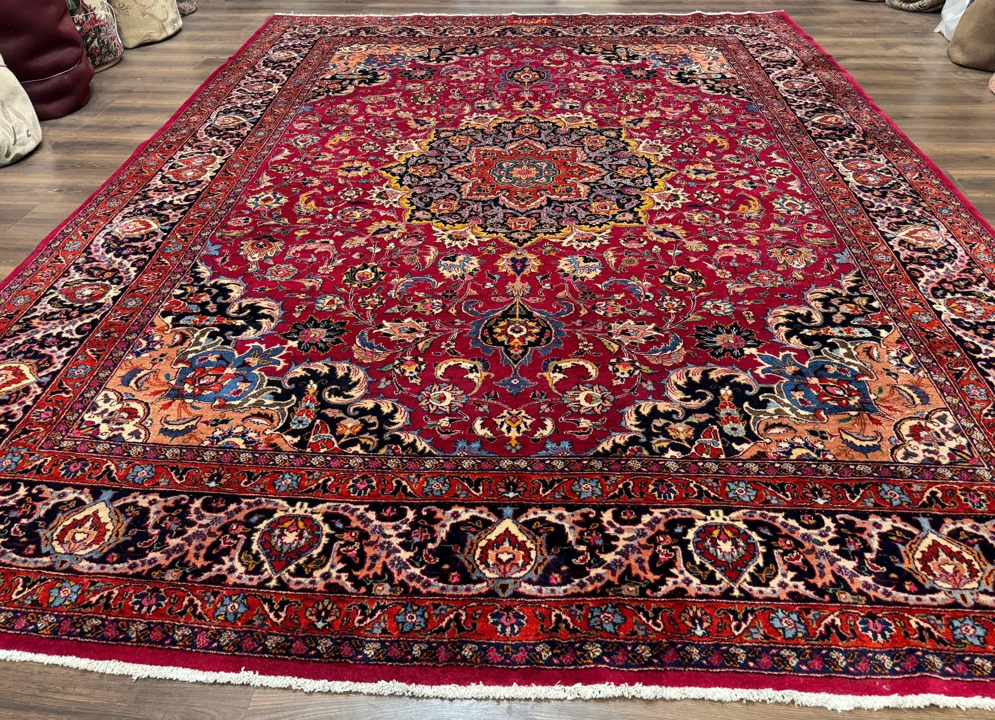 Red Persian Mashad Rug 10x13 - Floral Medallion Signed By Masterweaver - Jewel RugsShopify CollectiveHUNTEDFOX - Red Persian Mashad Rug 10x13 - Floral Medallion Signed By Masterweaver