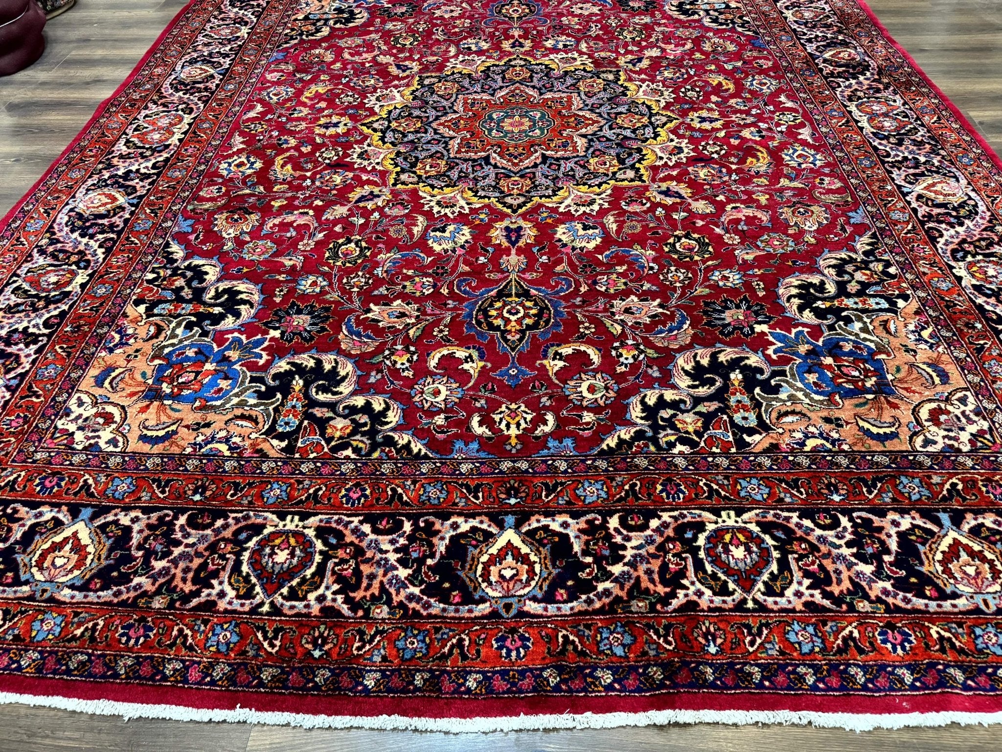 Red Persian Mashad Rug 10x13 - Floral Medallion Signed By Masterweaver - Jewel RugsShopify CollectiveHUNTEDFOX - Red Persian Mashad Rug 10x13 - Floral Medallion Signed By Masterweaver