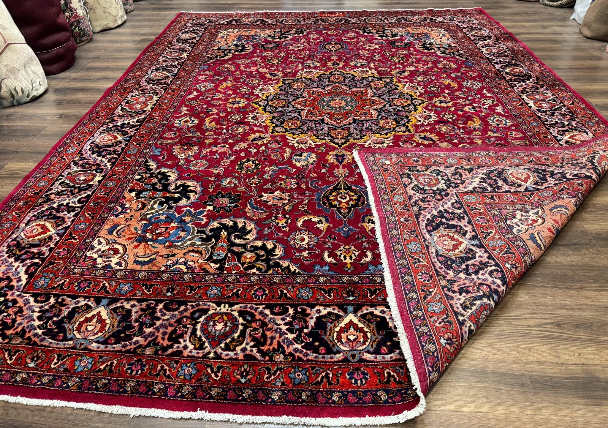 Red Persian Mashad Rug 10x13 - Floral Medallion Signed By Masterweaver - Jewel RugsShopify CollectiveHUNTEDFOX - Red Persian Mashad Rug 10x13 - Floral Medallion Signed By Masterweaver
