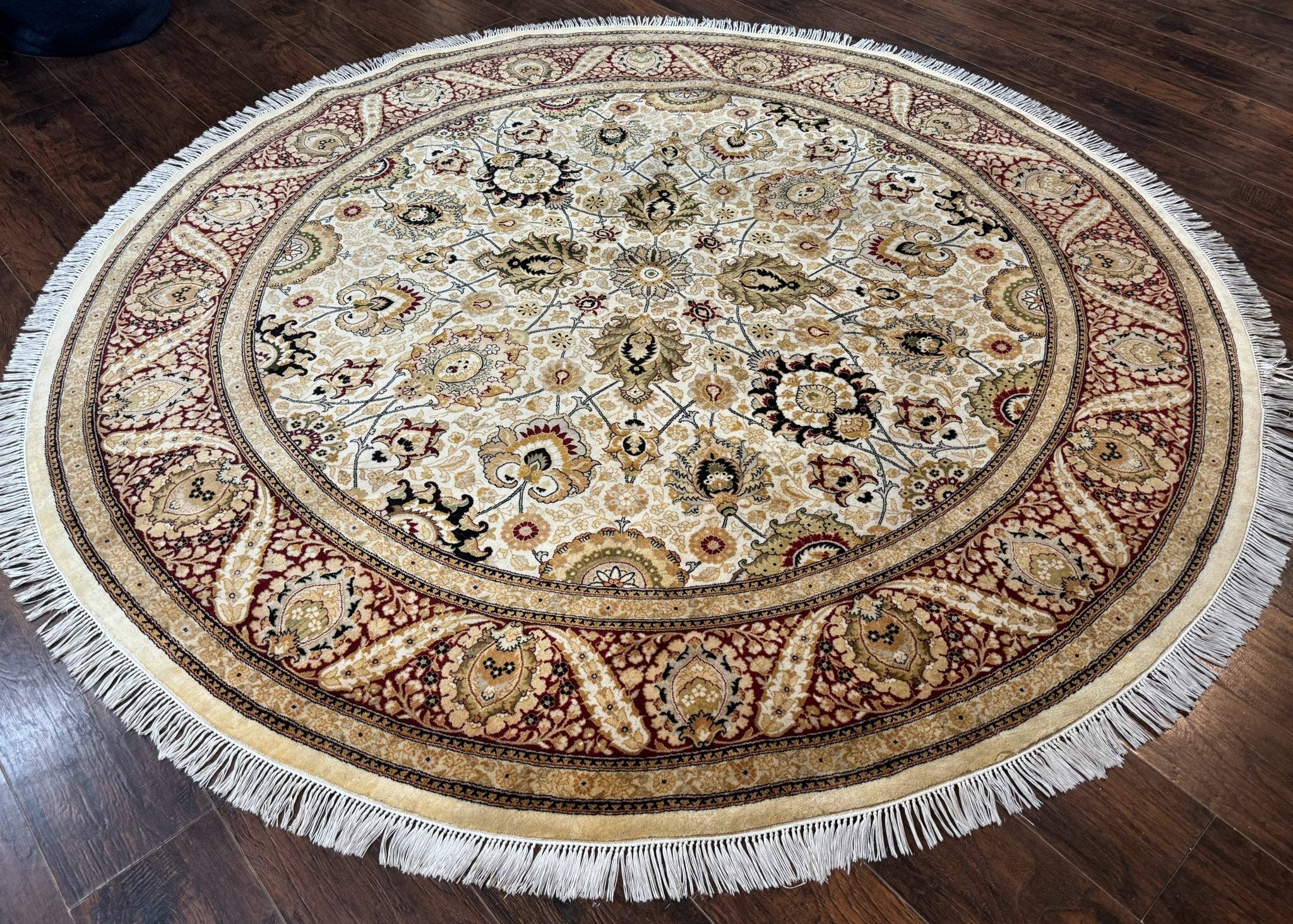 Round Pak Persian Rug 8x8, Vintage Handmade Wool Traditional Carpet, Beige Dark Red, Fine 270 KPSI - Jewel RugsShopify CollectiveHUNTEDFOX - Round Pak Persian Rug 8x8, Vintage Handmade Wool Traditional Carpet, Beige Dark Red, Fine 270 KPSI