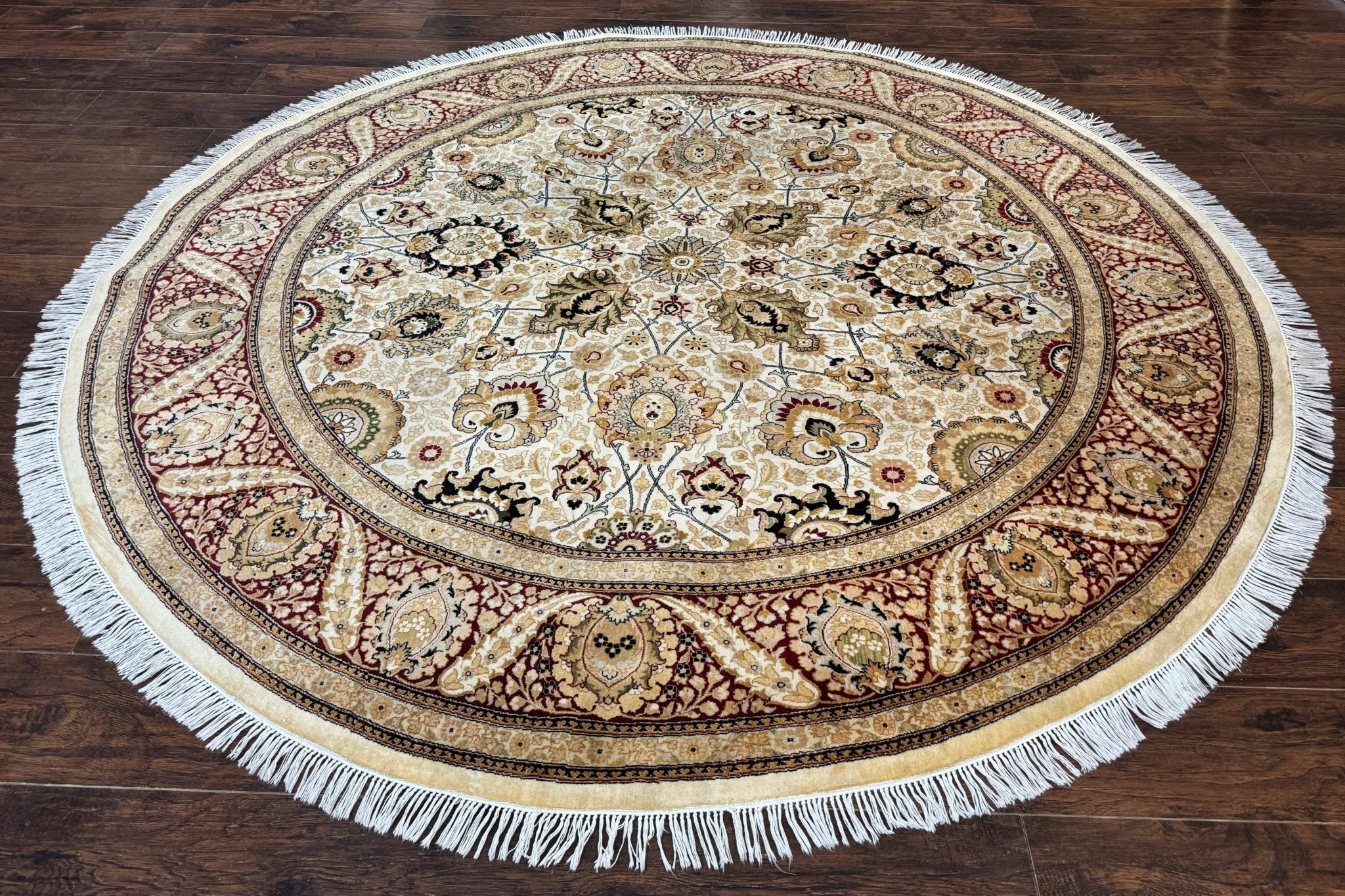 Round Pak Persian Rug 8x8, Vintage Handmade Wool Traditional Carpet, Beige Dark Red, Fine 270 KPSI - Jewel RugsShopify CollectiveHUNTEDFOX - Round Pak Persian Rug 8x8, Vintage Handmade Wool Traditional Carpet, Beige Dark Red, Fine 270 KPSI