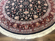 Round Sino Persian Rug 6x6, Floral, Navy Blue and Red, Wool and Silk Highlights - Jewel RugsShopify CollectiveHUNTEDFOX - Round Sino Persian Rug 6x6, Floral, Navy Blue and Red, Wool and Silk Highlights