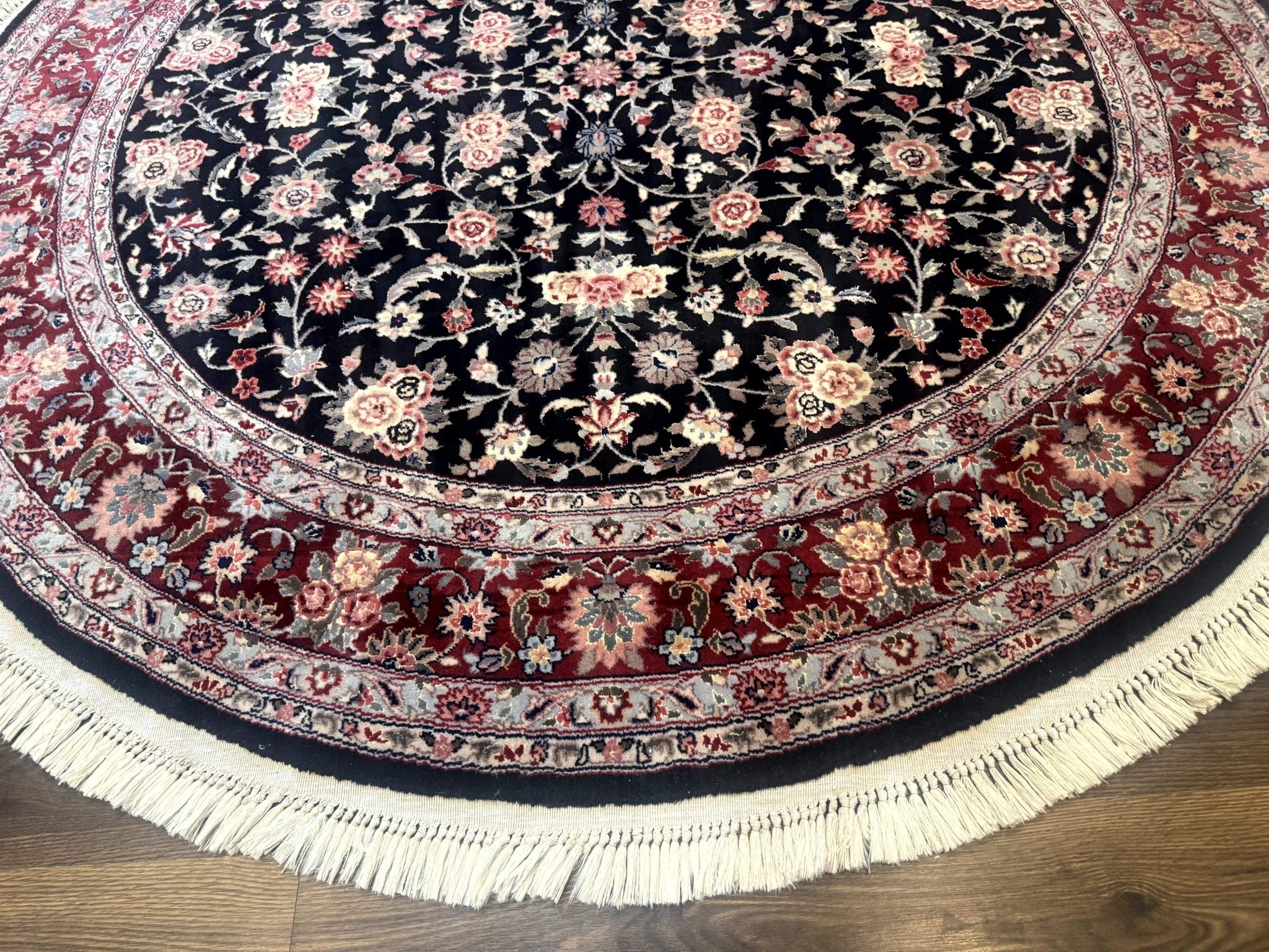 Round Sino Persian Rug 6x6, Floral, Navy Blue and Red, Wool and Silk Highlights - Jewel RugsShopify CollectiveHUNTEDFOX - Round Sino Persian Rug 6x6, Floral, Navy Blue and Red, Wool and Silk Highlights