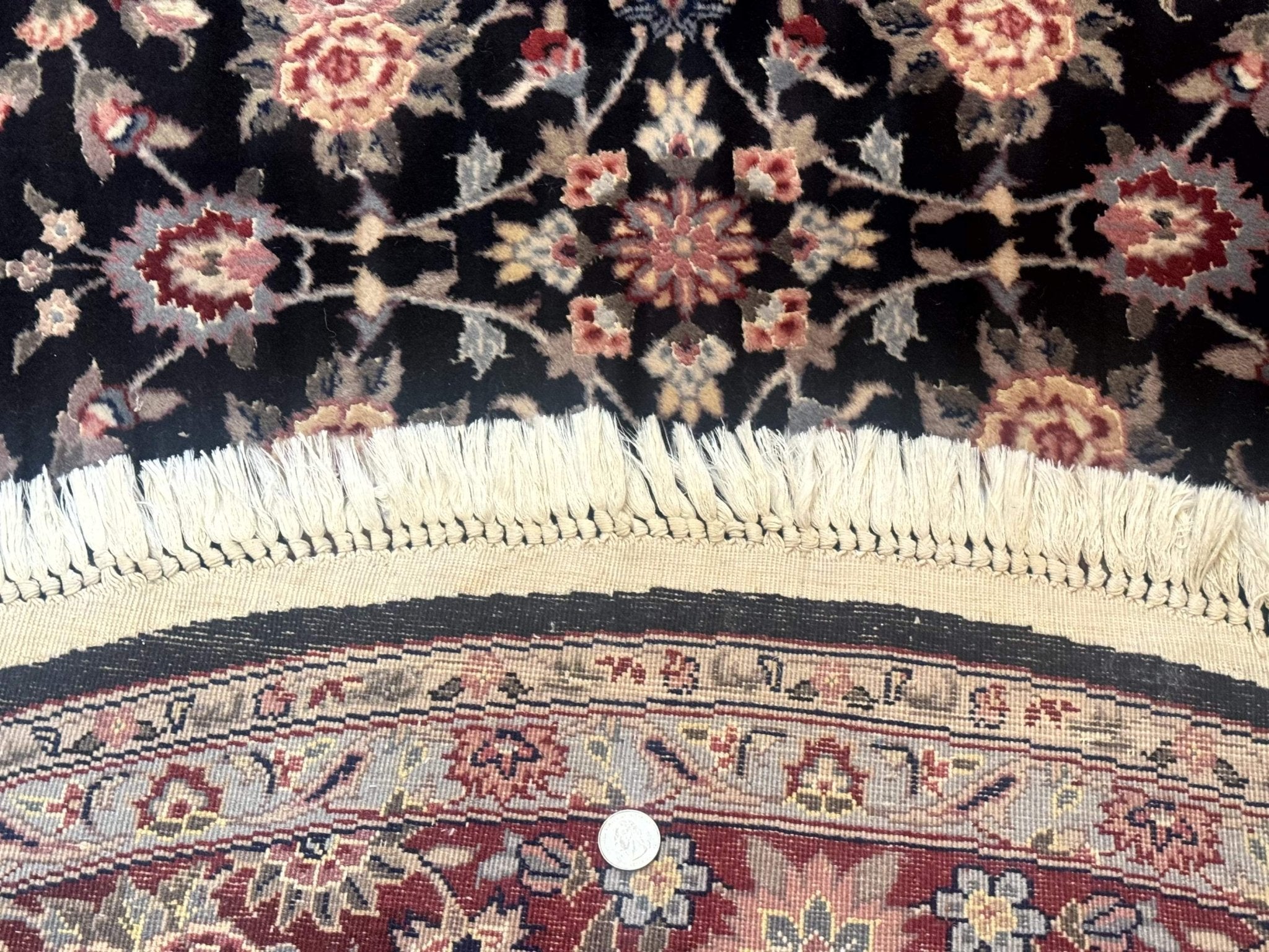 Round Sino Persian Rug 6x6, Floral, Navy Blue and Red, Wool and Silk Highlights - Jewel RugsShopify CollectiveHUNTEDFOX - Round Sino Persian Rug 6x6, Floral, Navy Blue and Red, Wool and Silk Highlights