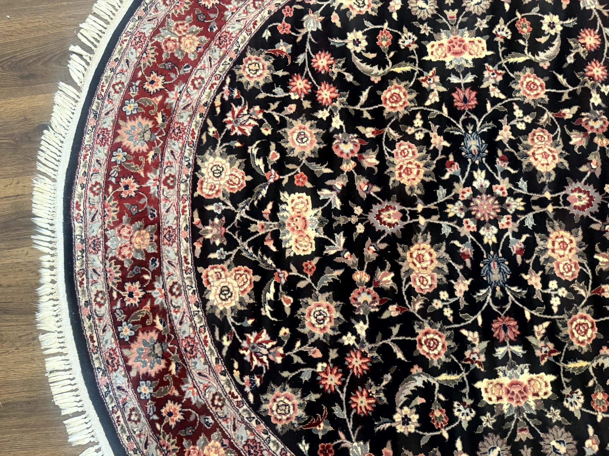 Round Sino Persian Rug 6x6, Floral, Navy Blue and Red, Wool and Silk Highlights - Jewel RugsShopify CollectiveHUNTEDFOX - Round Sino Persian Rug 6x6, Floral, Navy Blue and Red, Wool and Silk Highlights