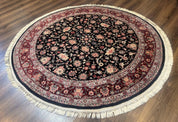 Round Sino Persian Rug 6x6, Floral, Navy Blue and Red, Wool and Silk Highlights - Jewel RugsShopify CollectiveHUNTEDFOX - Round Sino Persian Rug 6x6, Floral, Navy Blue and Red, Wool and Silk Highlights