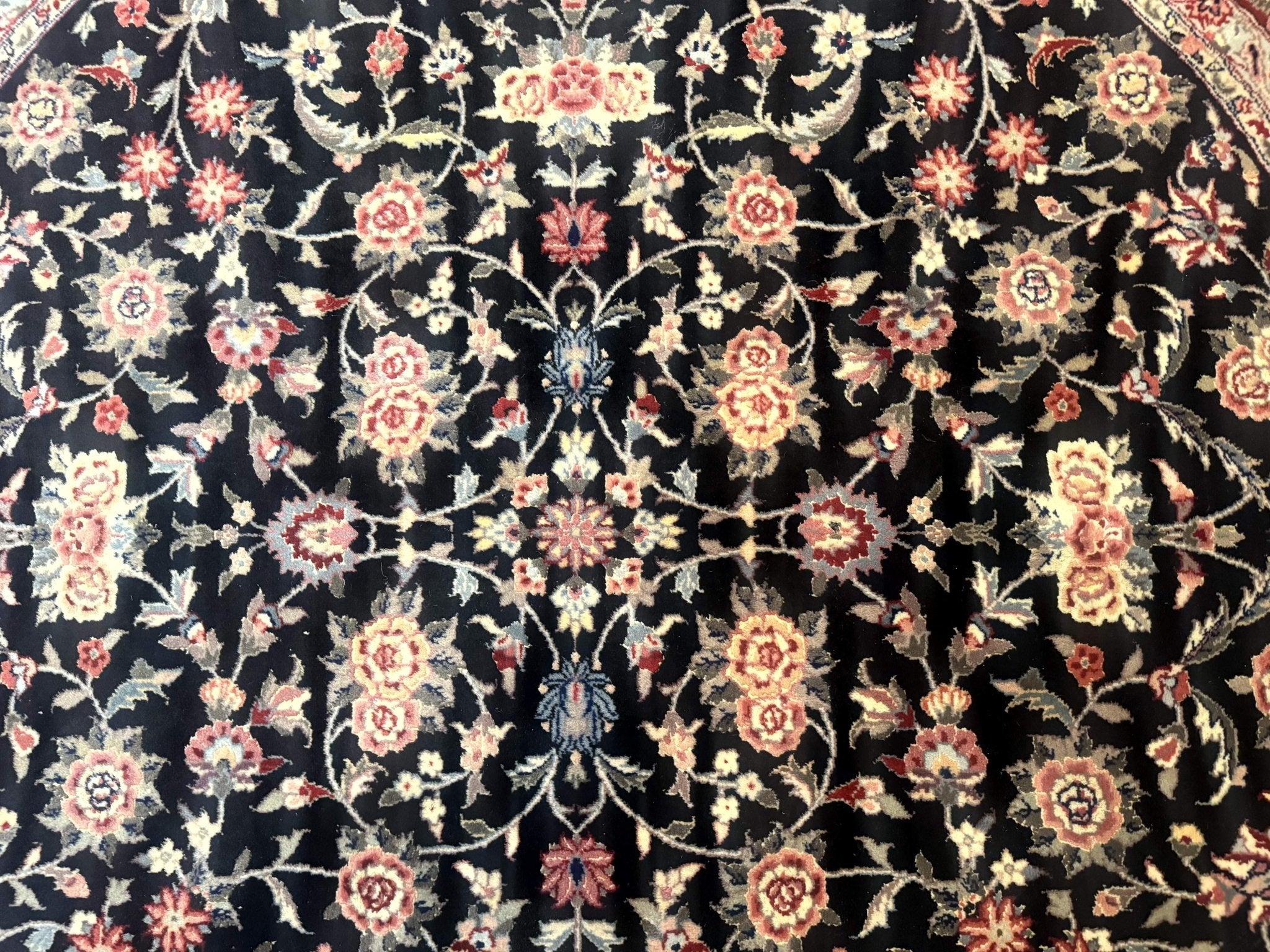 Round Sino Persian Rug 6x6, Floral, Navy Blue and Red, Wool and Silk Highlights - Jewel RugsShopify CollectiveHUNTEDFOX - Round Sino Persian Rug 6x6, Floral, Navy Blue and Red, Wool and Silk Highlights