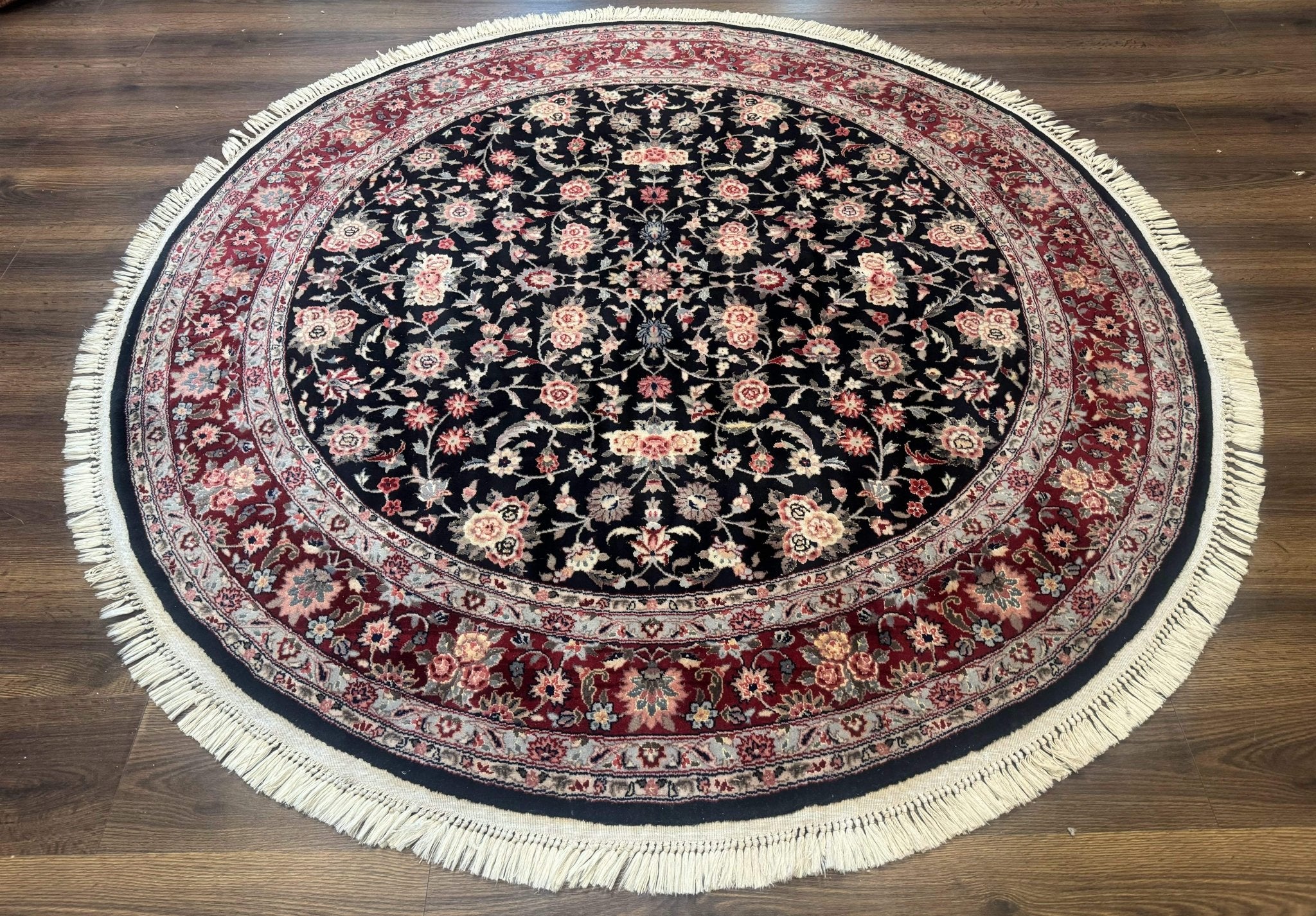 Round Sino Persian Rug 6x6, Floral, Navy Blue and Red, Wool and Silk Highlights - Jewel RugsShopify CollectiveHUNTEDFOX - Round Sino Persian Rug 6x6, Floral, Navy Blue and Red, Wool and Silk Highlights