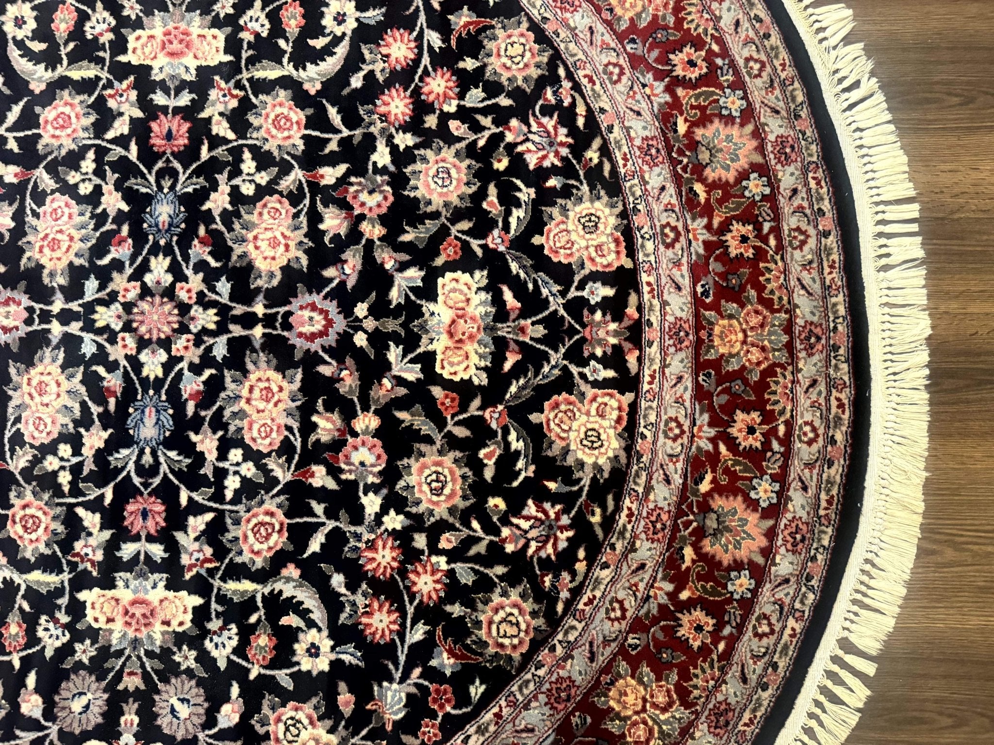 Round Sino Persian Rug 6x6, Floral, Navy Blue and Red, Wool and Silk Highlights - Jewel RugsShopify CollectiveHUNTEDFOX - Round Sino Persian Rug 6x6, Floral, Navy Blue and Red, Wool and Silk Highlights