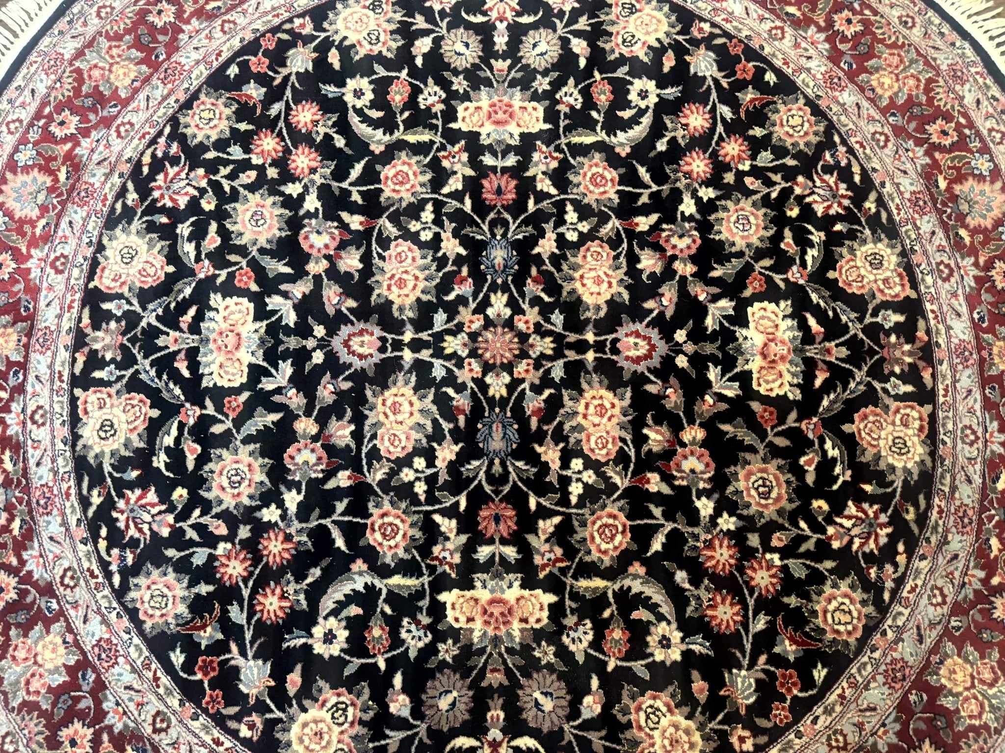 Round Sino Persian Rug 6x6, Floral, Navy Blue and Red, Wool and Silk Highlights - Jewel RugsShopify CollectiveHUNTEDFOX - Round Sino Persian Rug 6x6, Floral, Navy Blue and Red, Wool and Silk Highlights