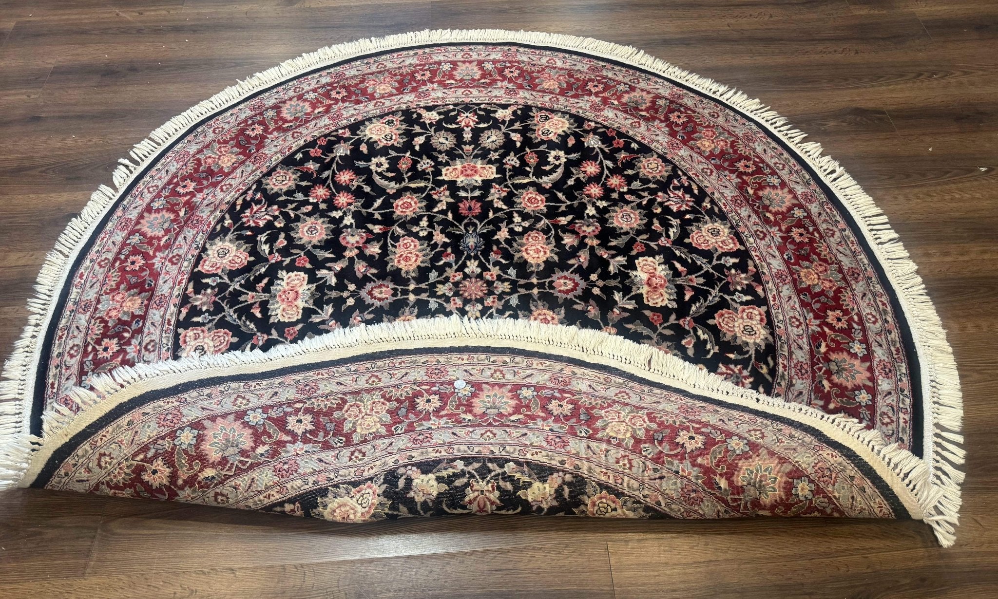 Round Sino Persian Rug 6x6, Floral, Navy Blue and Red, Wool and Silk Highlights - Jewel RugsShopify CollectiveHUNTEDFOX - Round Sino Persian Rug 6x6, Floral, Navy Blue and Red, Wool and Silk Highlights