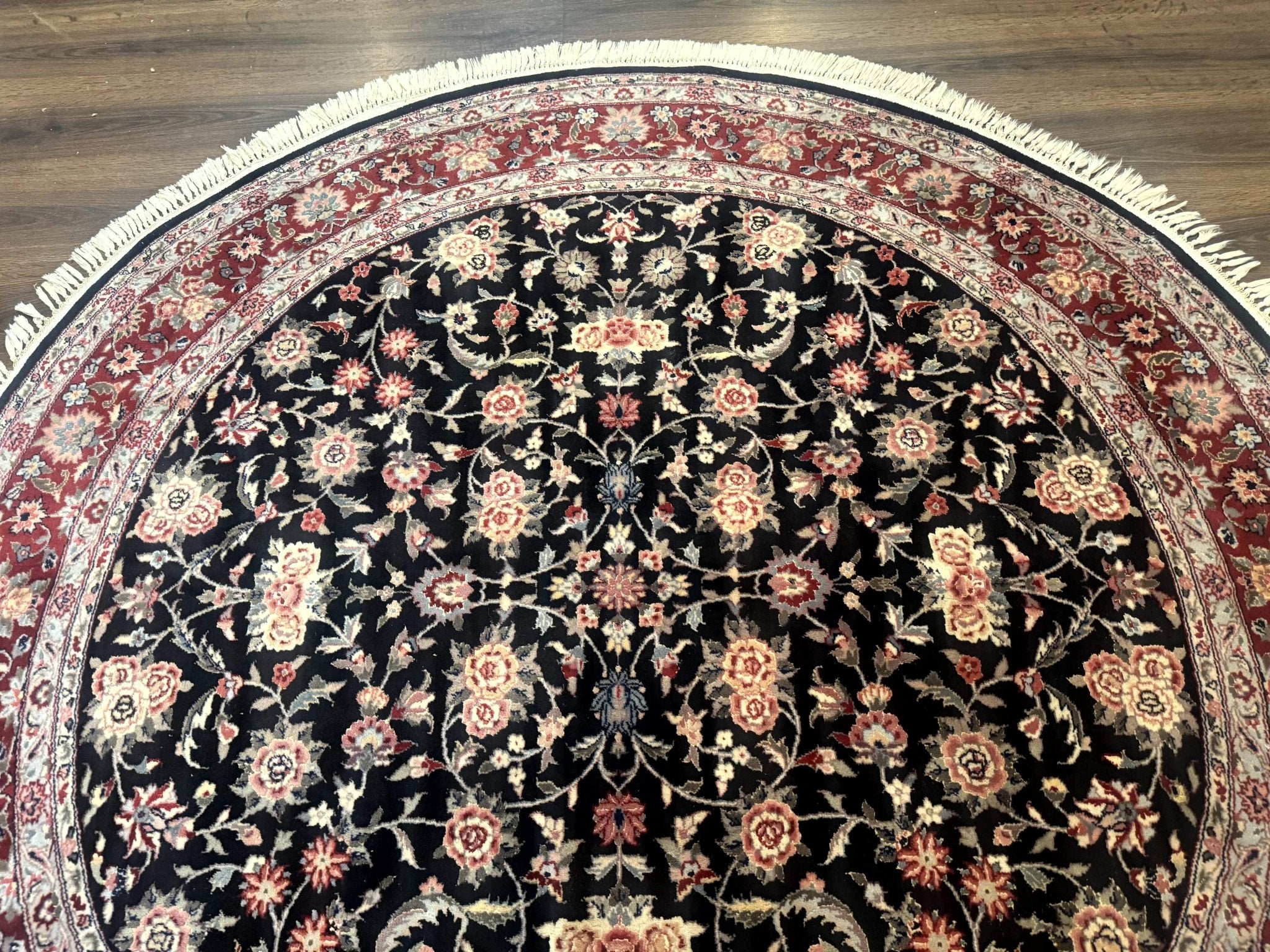 Round Sino Persian Rug 6x6, Floral, Navy Blue and Red, Wool and Silk Highlights - Jewel RugsShopify CollectiveHUNTEDFOX - Round Sino Persian Rug 6x6, Floral, Navy Blue and Red, Wool and Silk Highlights