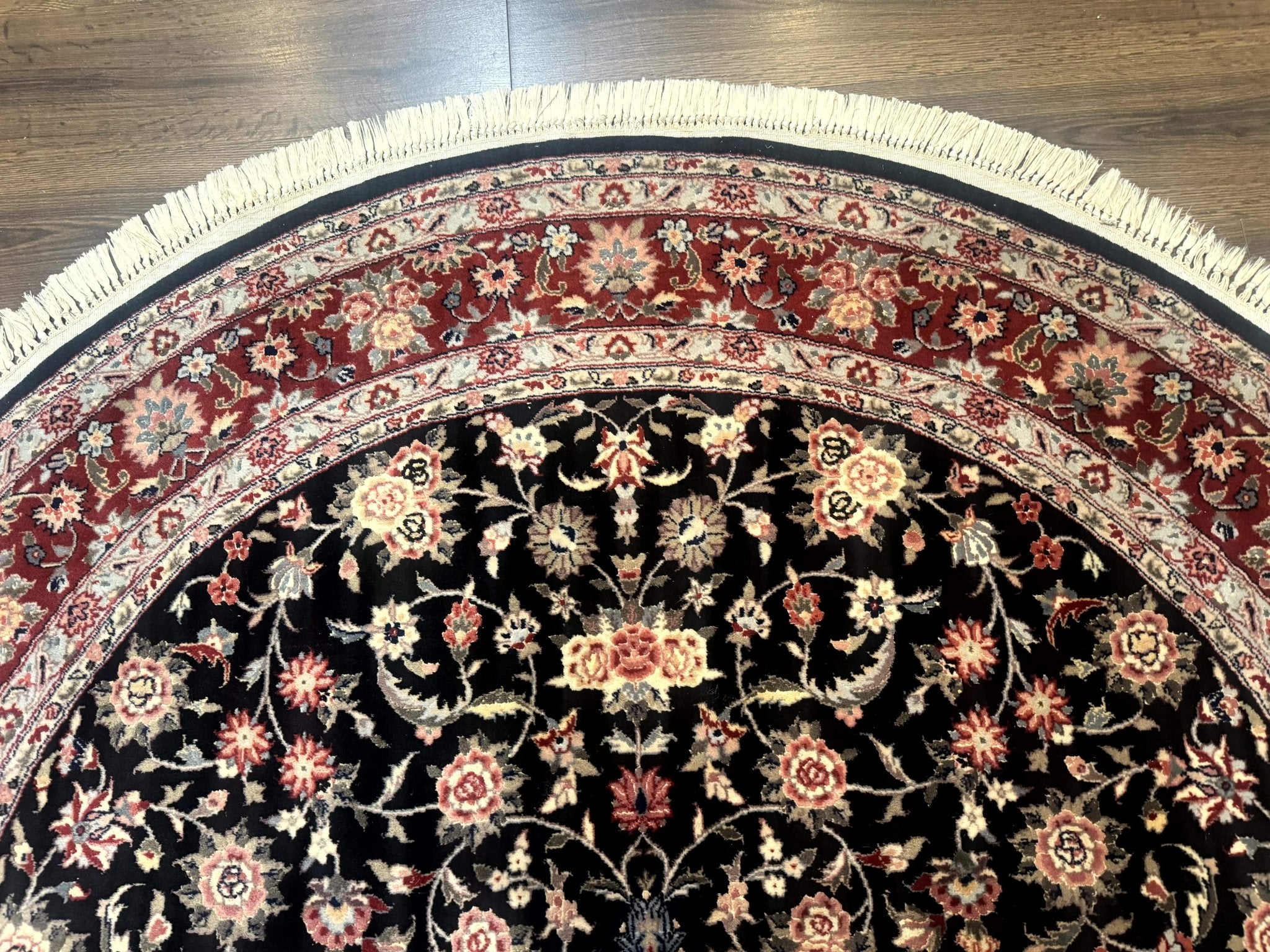 Round Sino Persian Rug 6x6, Floral, Navy Blue and Red, Wool and Silk Highlights - Jewel RugsShopify CollectiveHUNTEDFOX - Round Sino Persian Rug 6x6, Floral, Navy Blue and Red, Wool and Silk Highlights