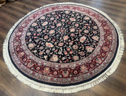 Round Sino Persian Rug 6x6, Floral, Navy Blue and Red, Wool and Silk Highlights - Jewel RugsShopify CollectiveHUNTEDFOX - Round Sino Persian Rug 6x6, Floral, Navy Blue and Red, Wool and Silk Highlights