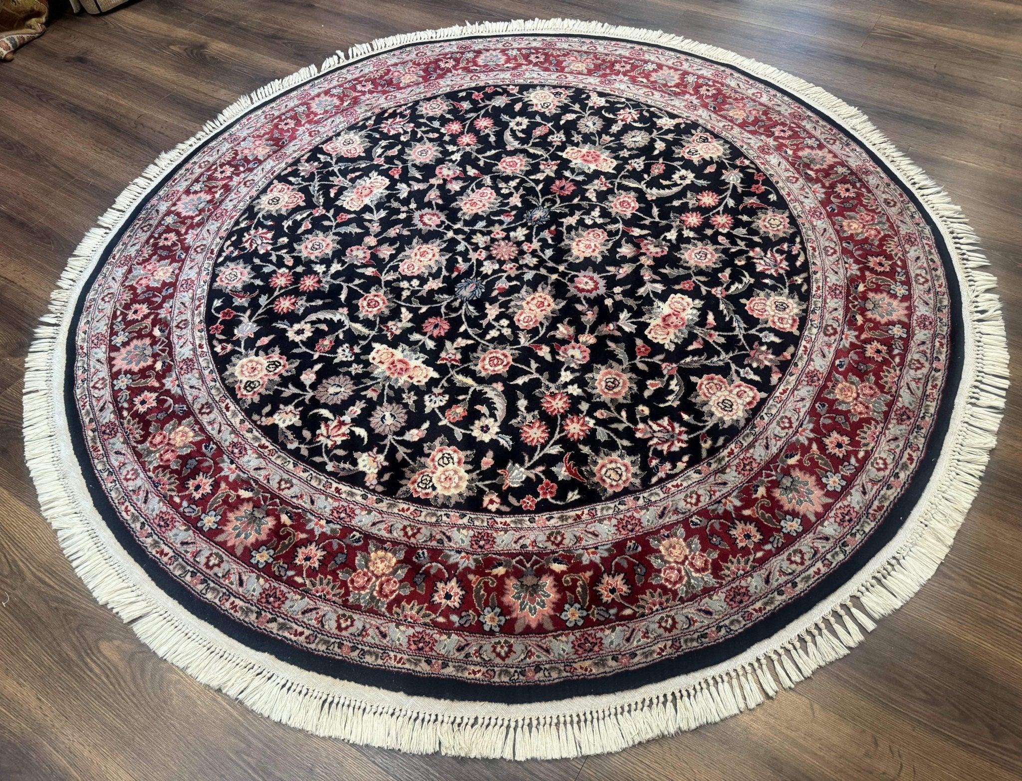 Round Sino Persian Rug 6x6, Floral, Navy Blue and Red, Wool and Silk Highlights - Jewel RugsShopify CollectiveHUNTEDFOX - Round Sino Persian Rug 6x6, Floral, Navy Blue and Red, Wool and Silk Highlights