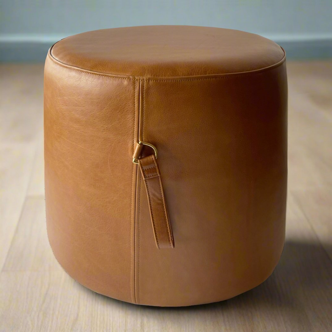 Signature Genuine Leather Round Ottoman or Pouf With Handle - HUNTEDFOX