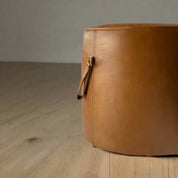 Signature Genuine Leather Round Ottoman or Pouf With Handle - HUNTEDFOX