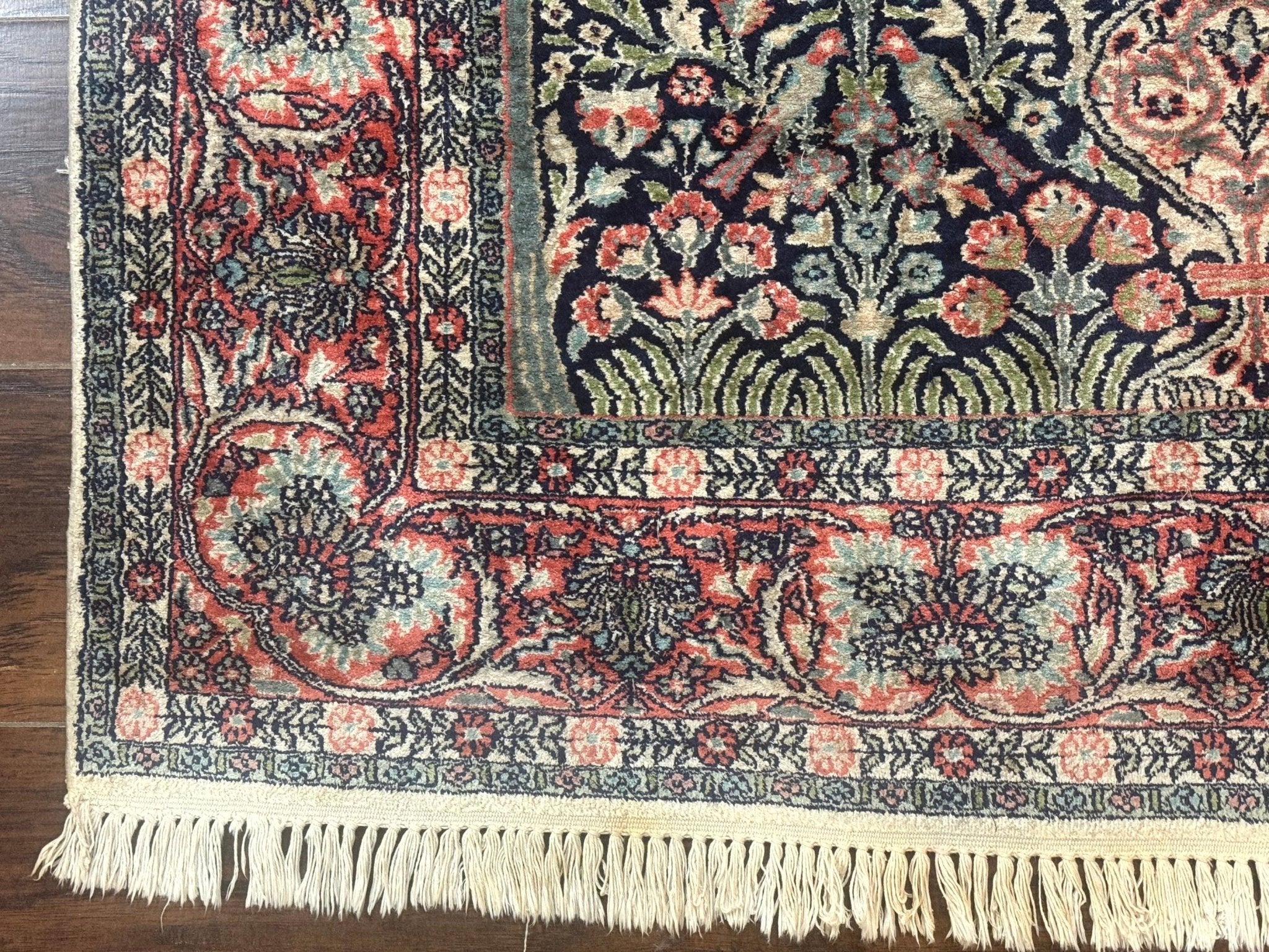 Silk Indian Kashmiri Rug 4x6, Tree of Life Pattern, Birds, Fine 290 KPSI, Navy Blue and Red, Handmade Oriental Carpet - Jewel RugsShopify CollectiveHUNTEDFOX - Silk Indian Kashmiri Rug 4x6, Tree of Life Pattern, Birds, Fine 290 KPSI, Navy Blue and Red, Handmade Oriental Carpet