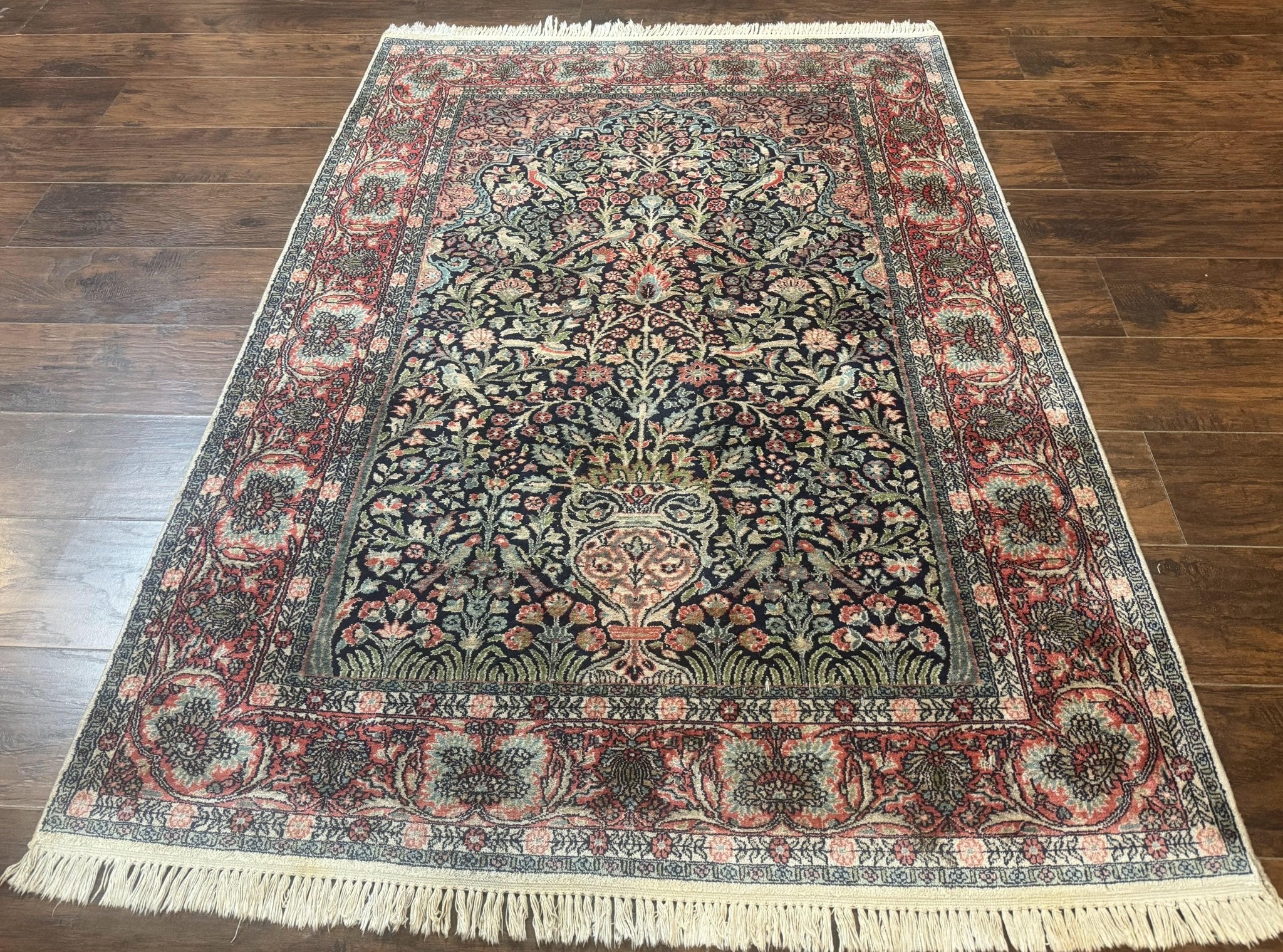 Silk Indian Kashmiri Rug 4x6, Tree of Life Pattern, Birds, Fine 290 KPSI, Navy Blue and Red, Handmade Oriental Carpet - Jewel RugsShopify CollectiveHUNTEDFOX - Silk Indian Kashmiri Rug 4x6, Tree of Life Pattern, Birds, Fine 290 KPSI, Navy Blue and Red, Handmade Oriental Carpet