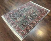 Silk Indian Kashmiri Rug 4x6, Tree of Life Pattern, Birds, Fine 290 KPSI, Navy Blue and Red, Handmade Oriental Carpet - Jewel RugsShopify CollectiveHUNTEDFOX - Silk Indian Kashmiri Rug 4x6, Tree of Life Pattern, Birds, Fine 290 KPSI, Navy Blue and Red, Handmade Oriental Carpet