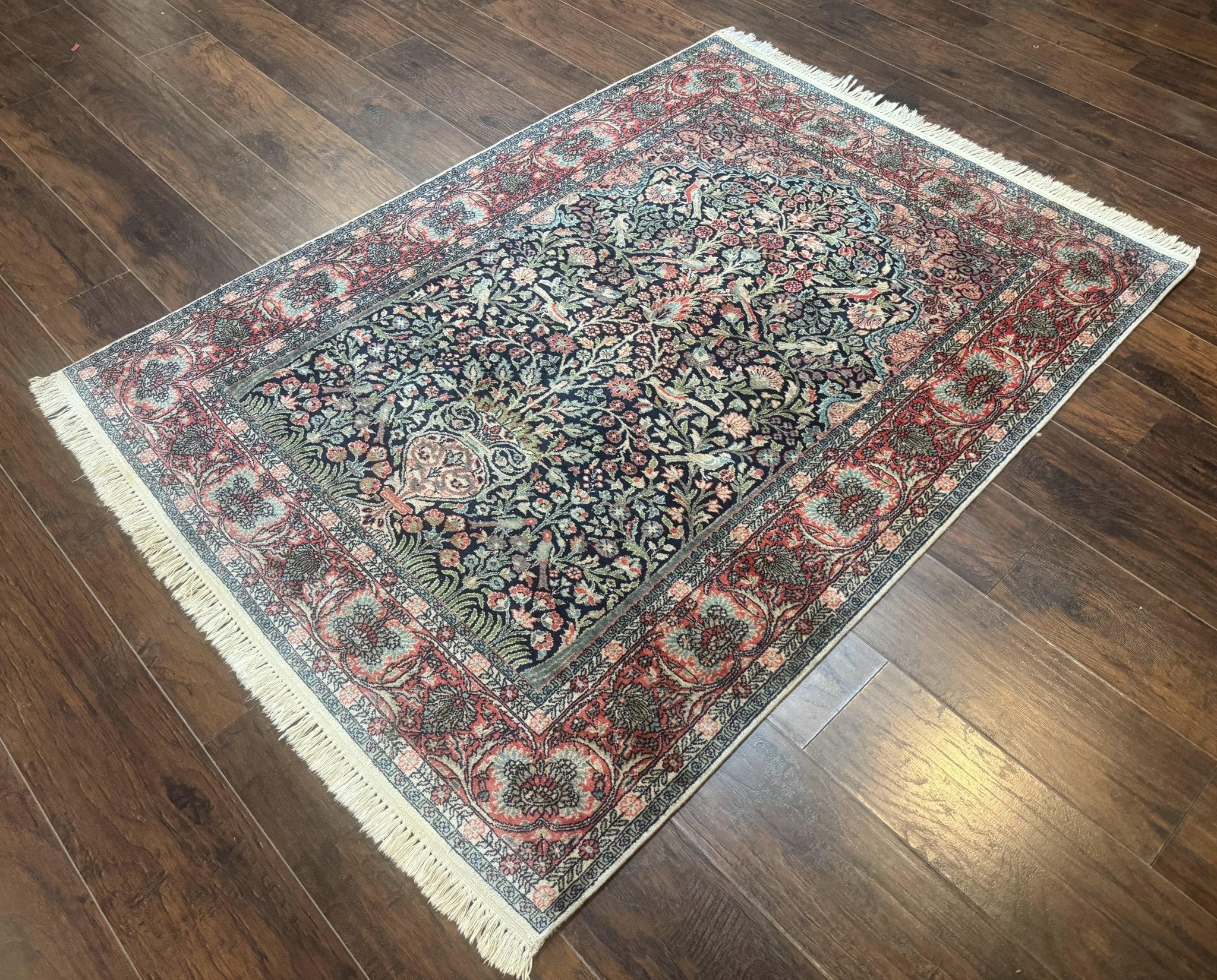 Silk Indian Kashmiri Rug 4x6, Tree of Life Pattern, Birds, Fine 290 KPSI, Navy Blue and Red, Handmade Oriental Carpet - Jewel RugsShopify CollectiveHUNTEDFOX - Silk Indian Kashmiri Rug 4x6, Tree of Life Pattern, Birds, Fine 290 KPSI, Navy Blue and Red, Handmade Oriental Carpet