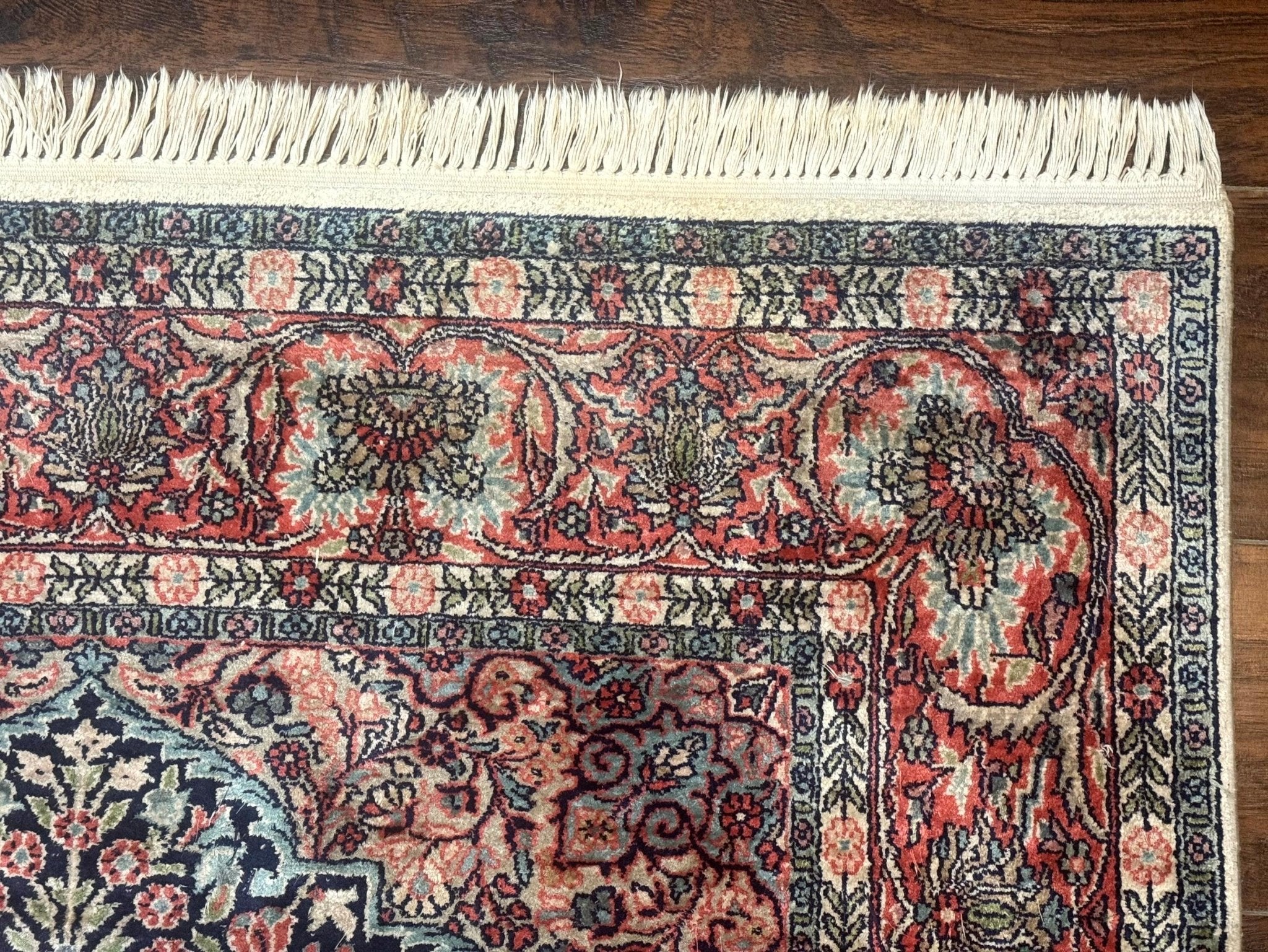 Silk Indian Kashmiri Rug 4x6, Tree of Life Pattern, Birds, Fine 290 KPSI, Navy Blue and Red, Handmade Oriental Carpet - Jewel RugsShopify CollectiveHUNTEDFOX - Silk Indian Kashmiri Rug 4x6, Tree of Life Pattern, Birds, Fine 290 KPSI, Navy Blue and Red, Handmade Oriental Carpet