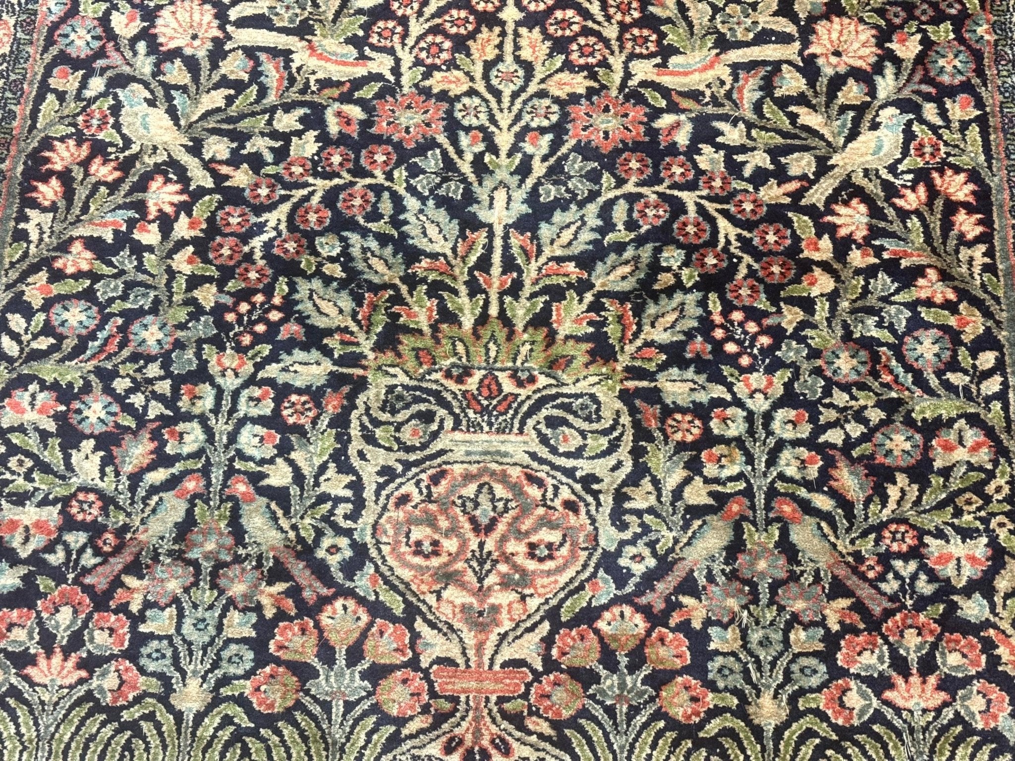 Silk Indian Kashmiri Rug 4x6, Tree of Life Pattern, Birds, Fine 290 KPSI, Navy Blue and Red, Handmade Oriental Carpet - Jewel RugsShopify CollectiveHUNTEDFOX - Silk Indian Kashmiri Rug 4x6, Tree of Life Pattern, Birds, Fine 290 KPSI, Navy Blue and Red, Handmade Oriental Carpet