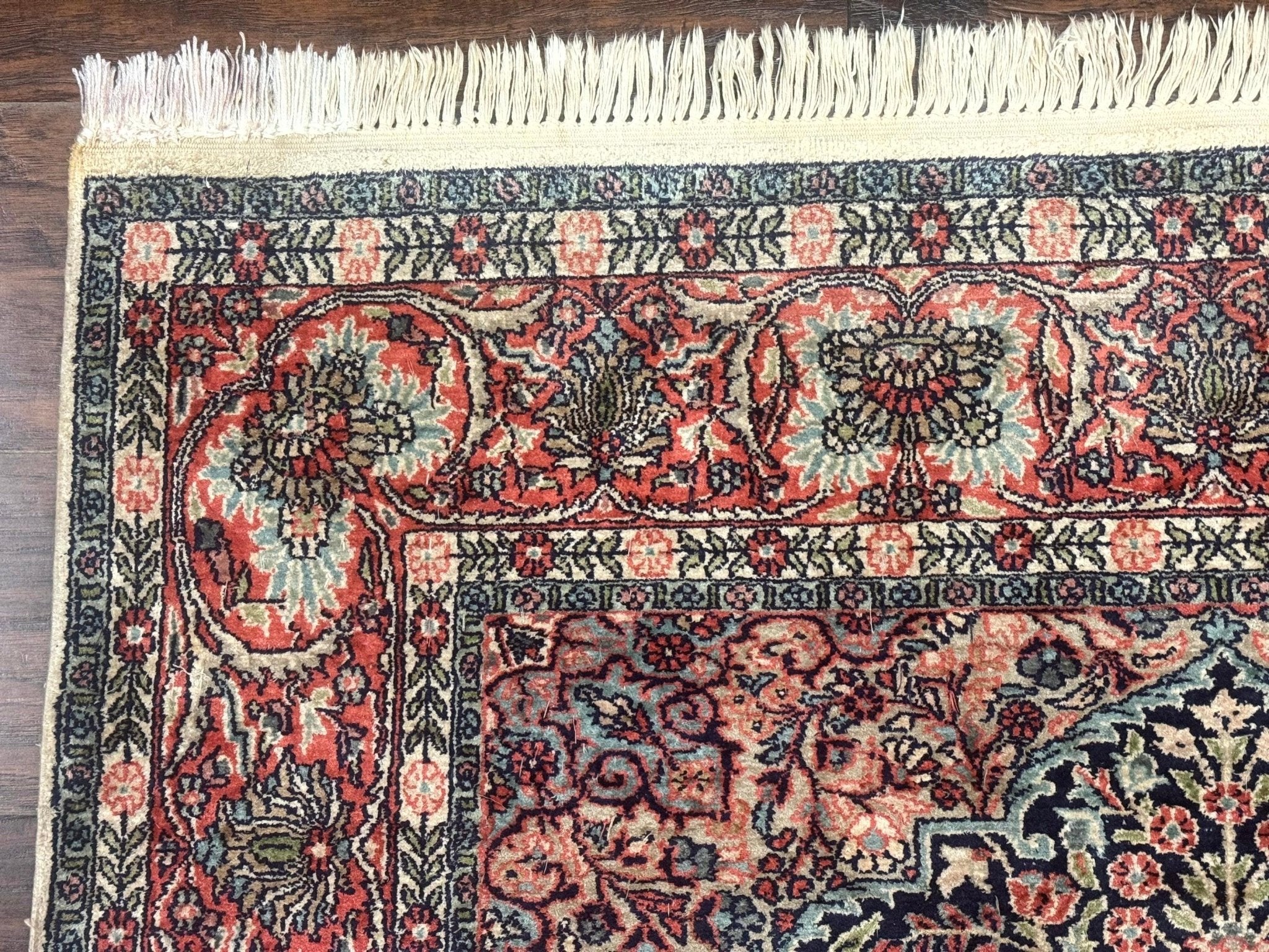 Silk Indian Kashmiri Rug 4x6, Tree of Life Pattern, Birds, Fine 290 KPSI, Navy Blue and Red, Handmade Oriental Carpet - Jewel RugsShopify CollectiveHUNTEDFOX - Silk Indian Kashmiri Rug 4x6, Tree of Life Pattern, Birds, Fine 290 KPSI, Navy Blue and Red, Handmade Oriental Carpet