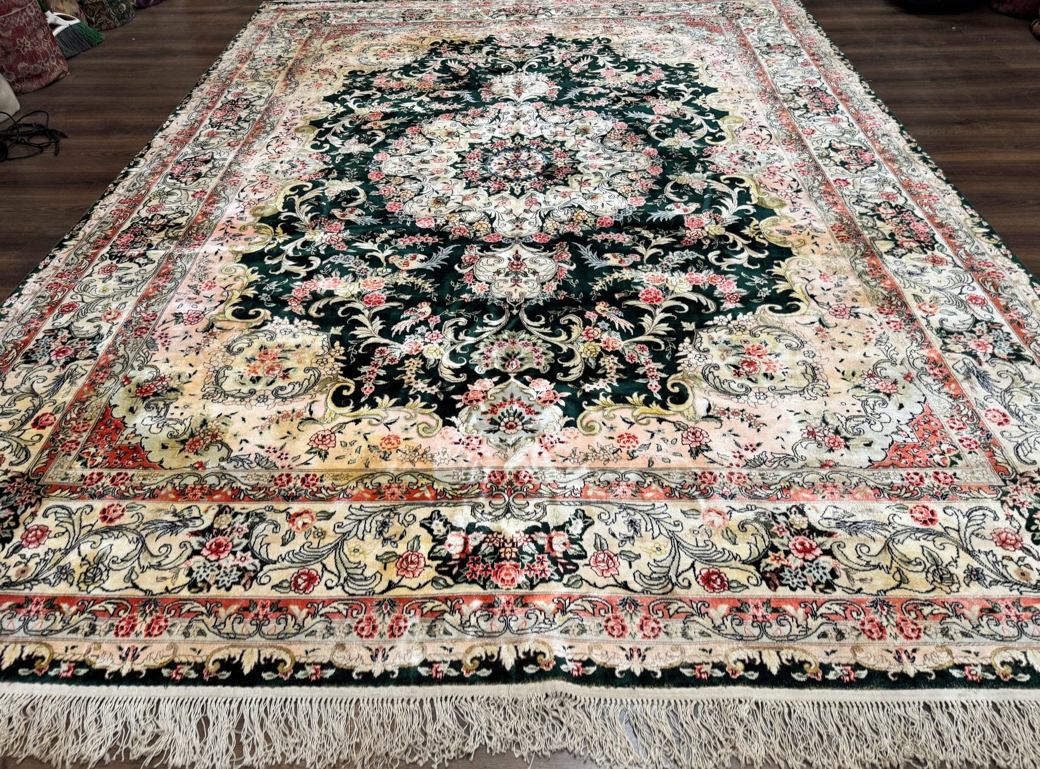 Silk Indian Kashmiri Rug 9x12, Vintage Hand Knotted Carpet - Jewel RugsShopify CollectiveHUNTEDFOX - Silk Indian Kashmiri Rug 9x12, Vintage Hand Knotted Carpet