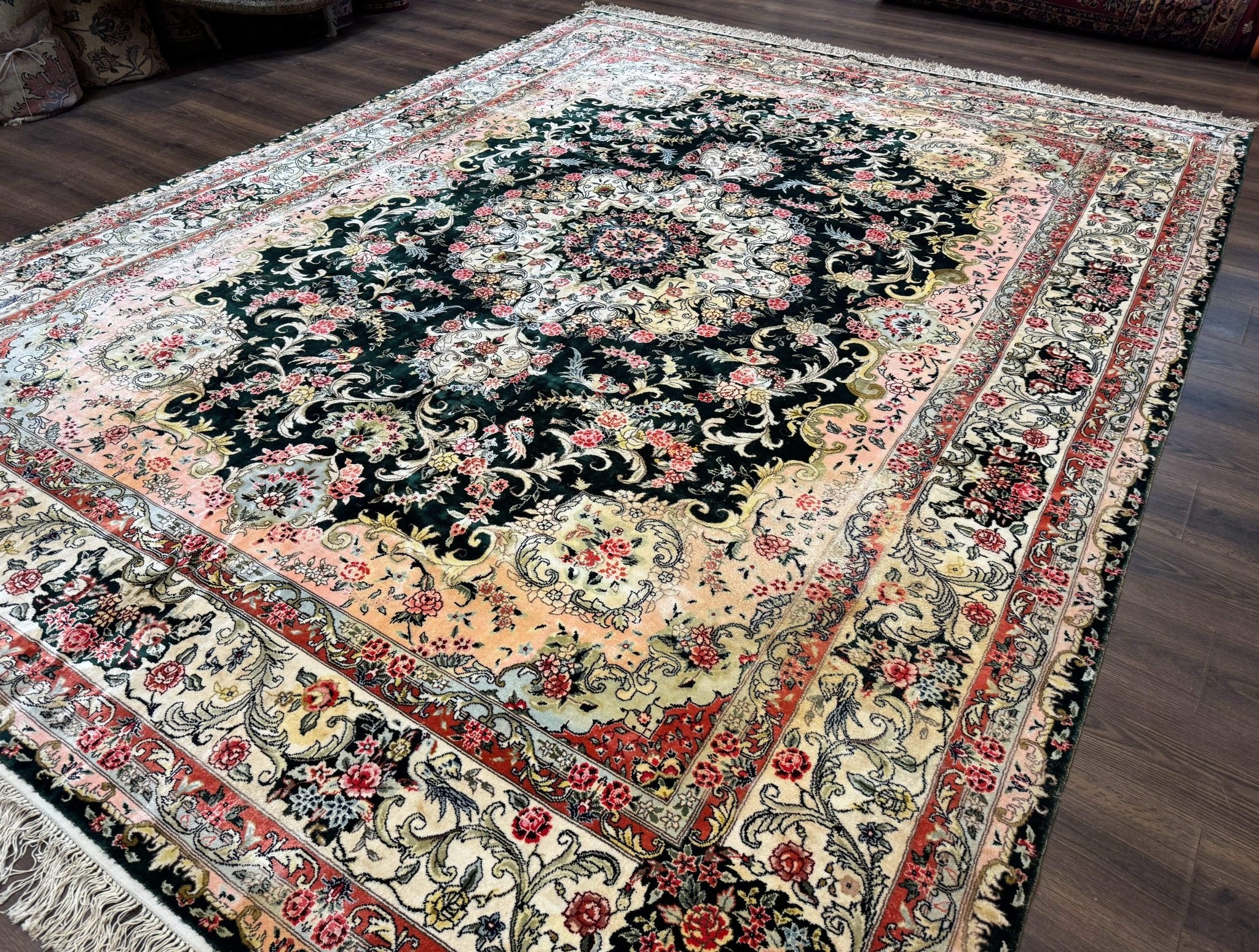 Silk Indian Kashmiri Rug 9x12, Vintage Hand Knotted Carpet - Jewel RugsShopify CollectiveHUNTEDFOX - Silk Indian Kashmiri Rug 9x12, Vintage Hand Knotted Carpet