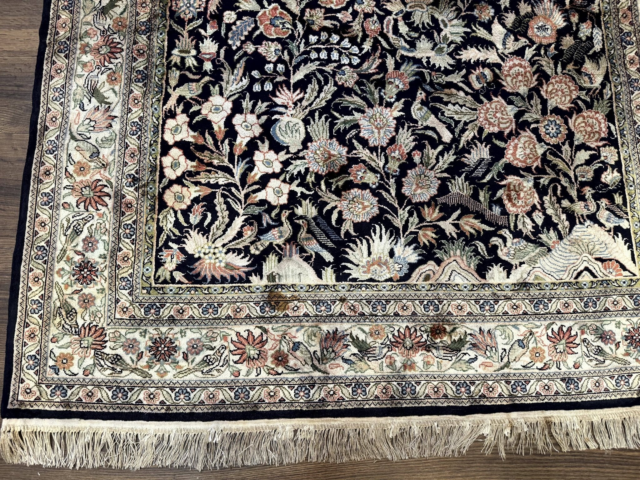 Silk Rug 4x6, Black and Cream, Floral & Bird Pictorials, Fine 330 KPSI, Sino Persian Rug - Jewel RugsShopify CollectiveHUNTEDFOX - Silk Rug 4x6, Black and Cream, Floral & Bird Pictorials, Fine 330 KPSI, Sino Persian Rug