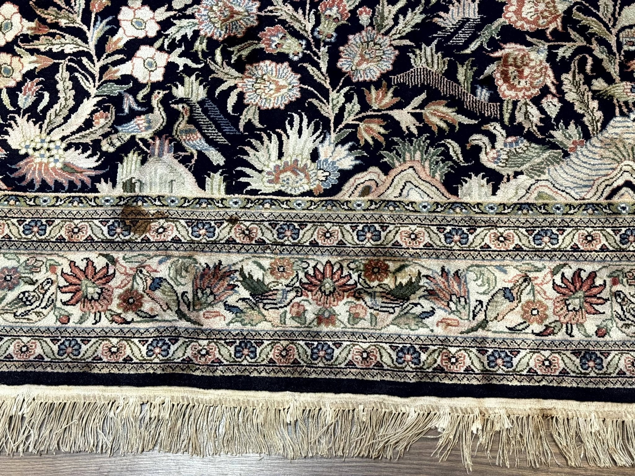 Silk Rug 4x6, Black and Cream, Floral & Bird Pictorials, Fine 330 KPSI, Sino Persian Rug - Jewel RugsShopify CollectiveHUNTEDFOX - Silk Rug 4x6, Black and Cream, Floral & Bird Pictorials, Fine 330 KPSI, Sino Persian Rug