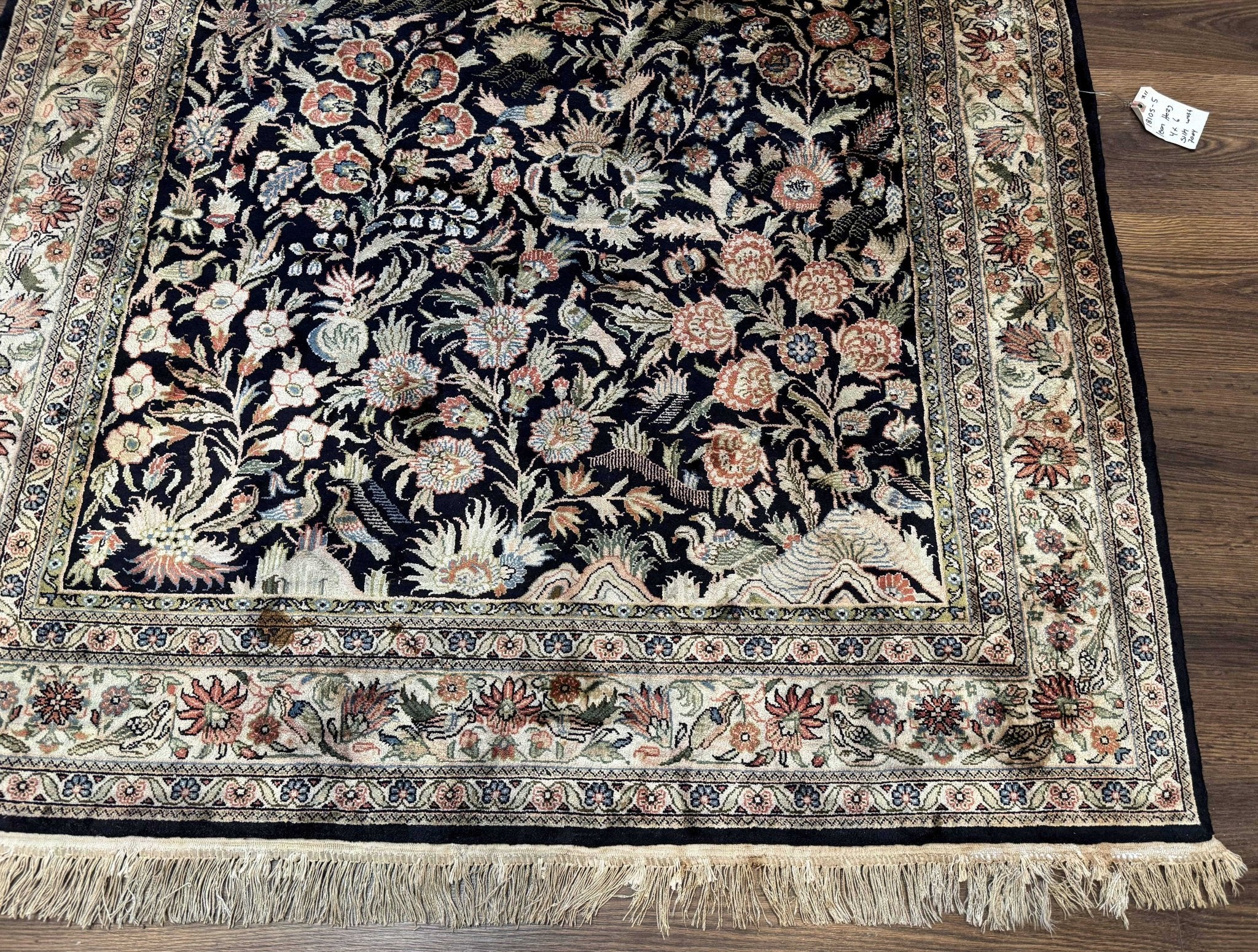 Silk Rug 4x6, Black and Cream, Floral & Bird Pictorials, Fine 330 KPSI, Sino Persian Rug - Jewel RugsShopify CollectiveHUNTEDFOX - Silk Rug 4x6, Black and Cream, Floral & Bird Pictorials, Fine 330 KPSI, Sino Persian Rug