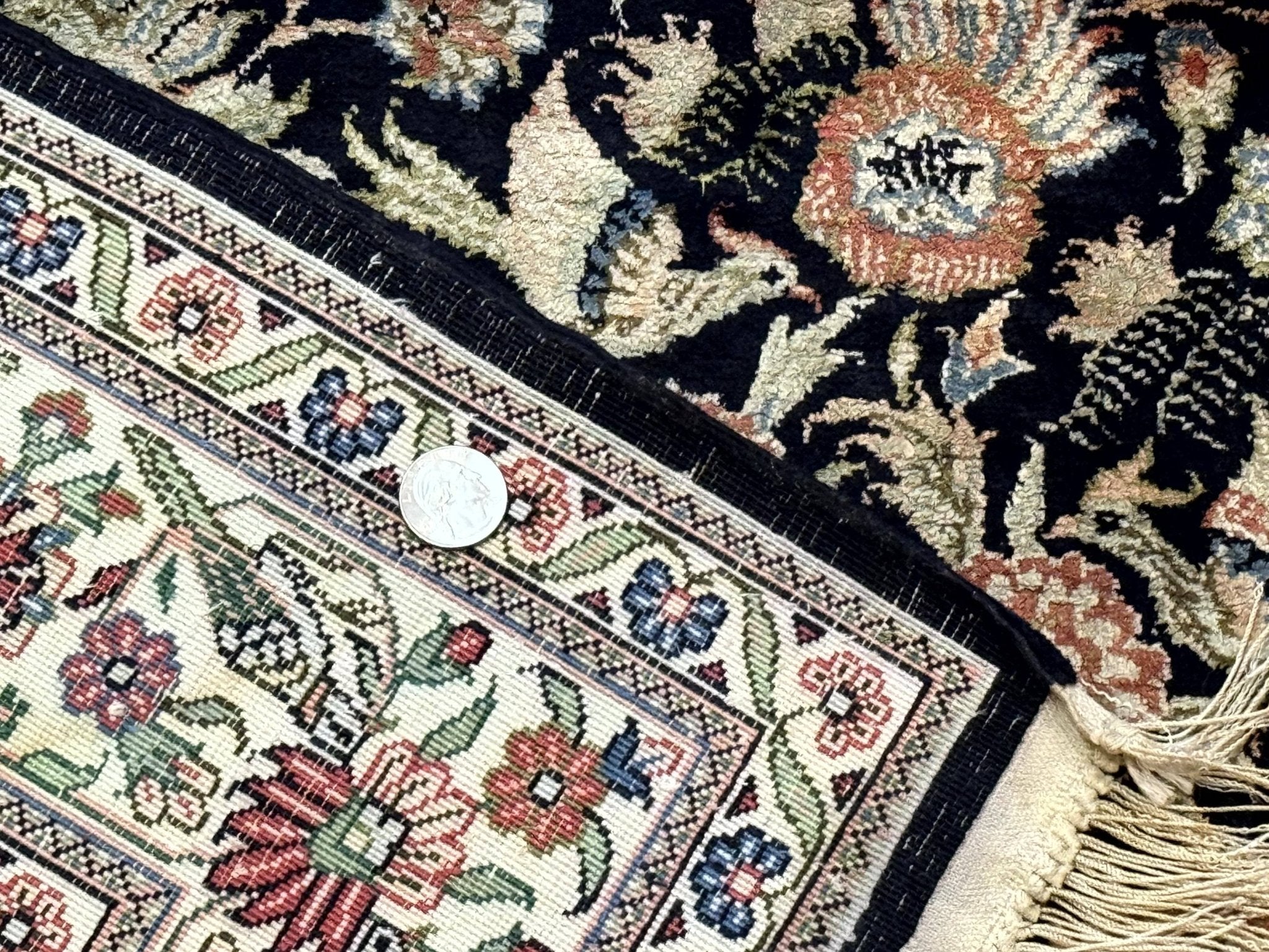 Silk Rug 4x6, Black and Cream, Floral & Bird Pictorials, Fine 330 KPSI, Sino Persian Rug - Jewel RugsShopify CollectiveHUNTEDFOX - Silk Rug 4x6, Black and Cream, Floral & Bird Pictorials, Fine 330 KPSI, Sino Persian Rug