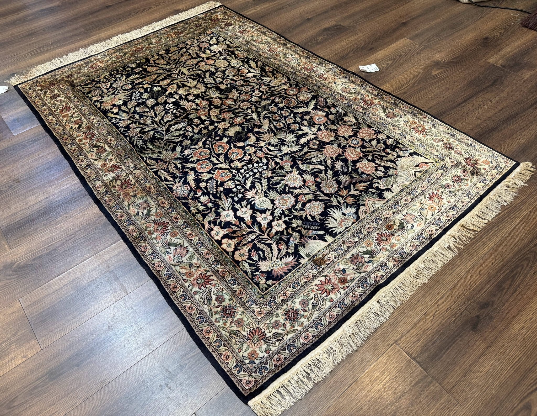 Silk Rug 4x6, Black and Cream, Floral & Bird Pictorials, Fine 330 KPSI, Sino Persian Rug - Jewel RugsShopify CollectiveHUNTEDFOX - Silk Rug 4x6, Black and Cream, Floral & Bird Pictorials, Fine 330 KPSI, Sino Persian Rug