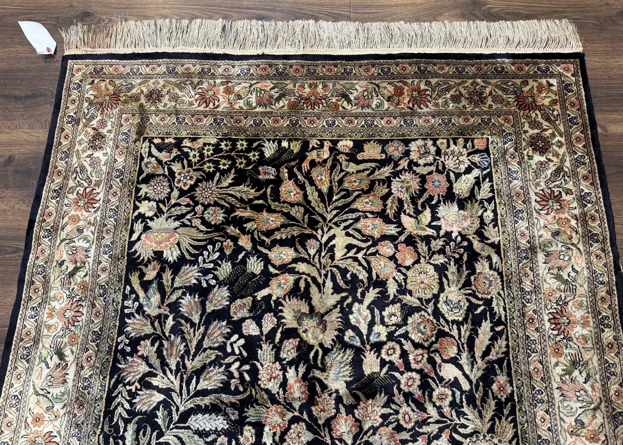 Silk Rug 4x6, Black and Cream, Floral & Bird Pictorials, Fine 330 KPSI, Sino Persian Rug - Jewel RugsShopify CollectiveHUNTEDFOX - Silk Rug 4x6, Black and Cream, Floral & Bird Pictorials, Fine 330 KPSI, Sino Persian Rug