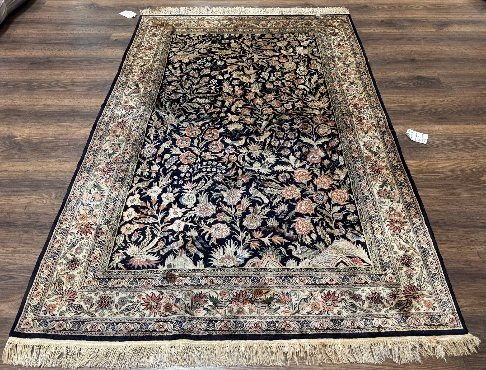 Silk Rug 4x6, Black and Cream, Floral & Bird Pictorials, Fine 330 KPSI, Sino Persian Rug - Jewel RugsShopify CollectiveHUNTEDFOX - Silk Rug 4x6, Black and Cream, Floral & Bird Pictorials, Fine 330 KPSI, Sino Persian Rug