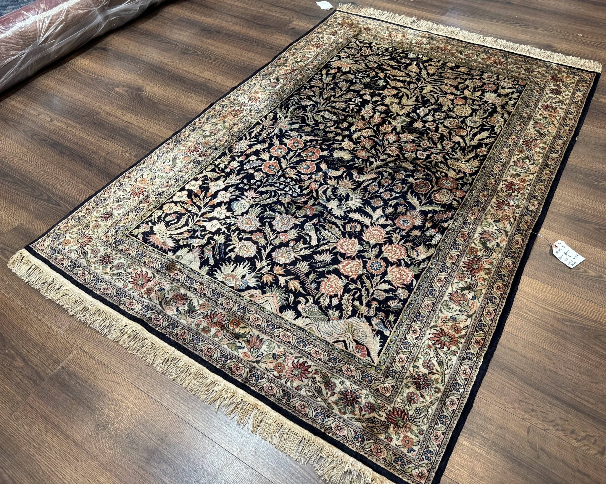 Silk Rug 4x6, Black and Cream, Floral & Bird Pictorials, Fine 330 KPSI, Sino Persian Rug - Jewel RugsShopify CollectiveHUNTEDFOX - Silk Rug 4x6, Black and Cream, Floral & Bird Pictorials, Fine 330 KPSI, Sino Persian Rug