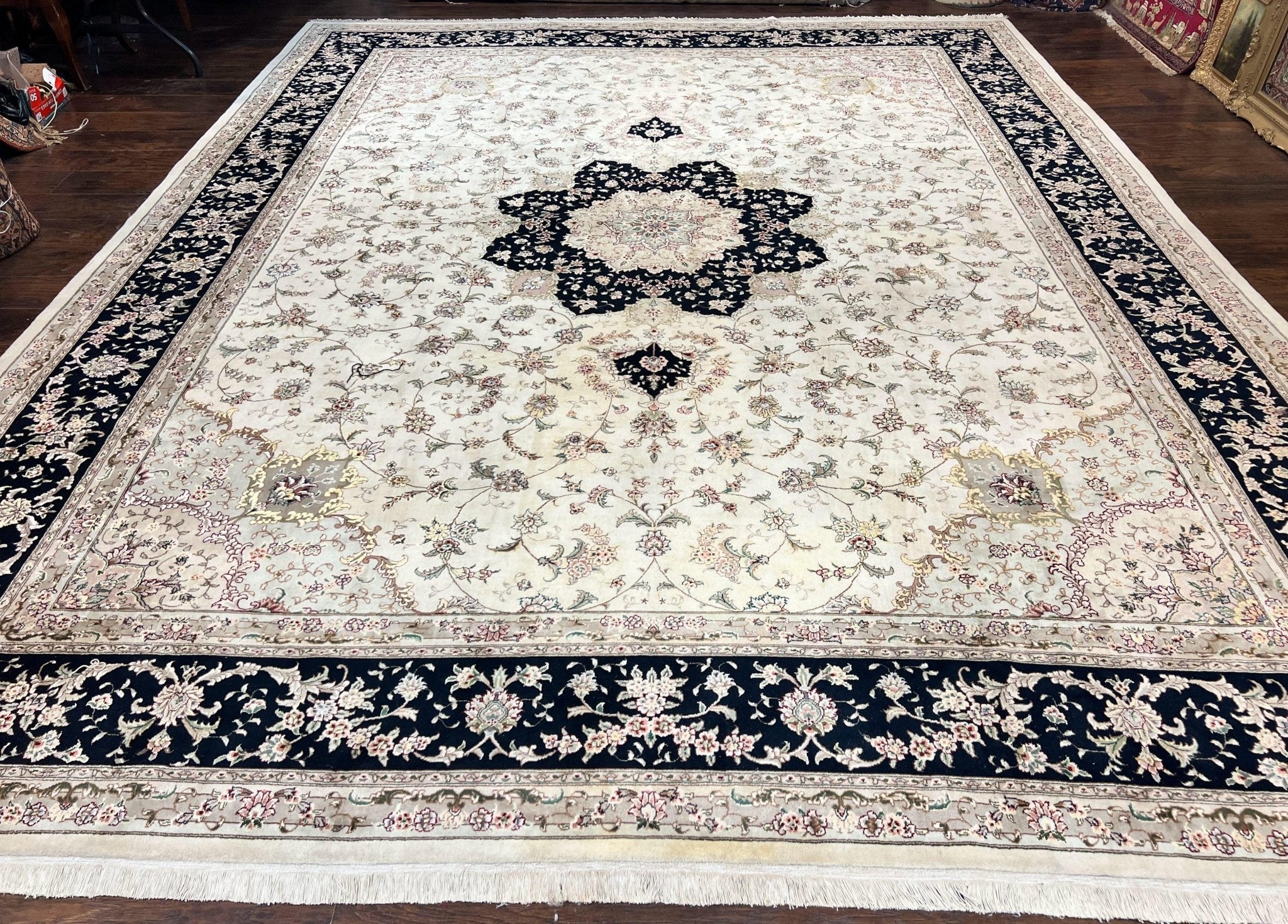 Sino Persian Rug 12x15, Ivory and Black, Floral Medallion Carpet, Large Palace Size Oriental Rug, Wool and Silk Highlights, Vintage Rug - Jewel RugsShopify CollectiveHUNTEDFOX - Sino Persian Rug 12x15, Ivory and Black, Floral Medallion Carpet, Large Palace Size Oriental Rug, Wool and Silk Highlights, Vintage Rug
