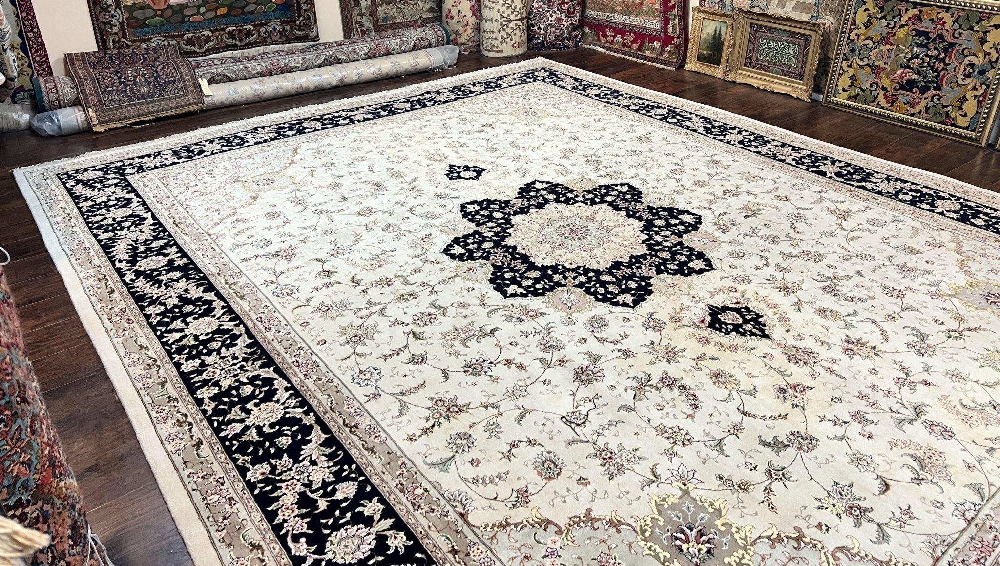 Sino Persian Rug 12x15, Ivory and Black, Floral Medallion Carpet, Large Palace Size Oriental Rug, Wool and Silk Highlights, Vintage Rug - Jewel RugsShopify CollectiveHUNTEDFOX - Sino Persian Rug 12x15, Ivory and Black, Floral Medallion Carpet, Large Palace Size Oriental Rug, Wool and Silk Highlights, Vintage Rug