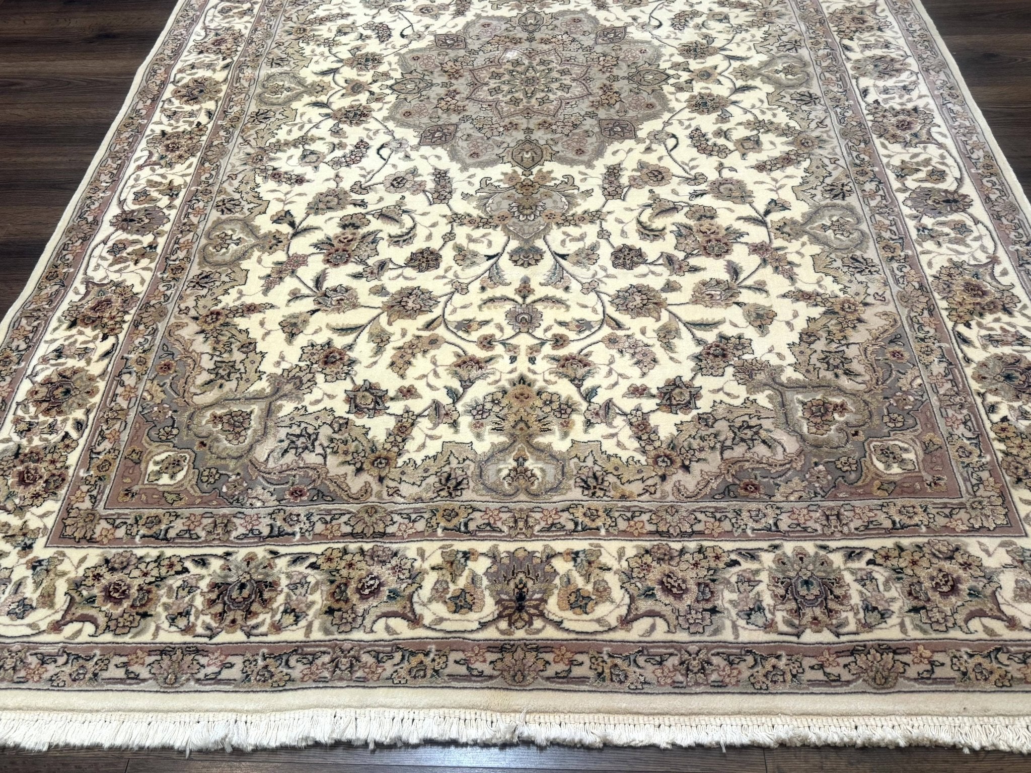 Sino Persian Rug 6x9, Floral Medallion, Ivory & Taupe, Wool with Silk Highlights, Fine 210 KPSI - Jewel RugsShopify CollectiveHUNTEDFOX - Sino Persian Rug 6x9, Floral Medallion, Ivory & Taupe, Wool with Silk Highlights, Fine 210 KPSI