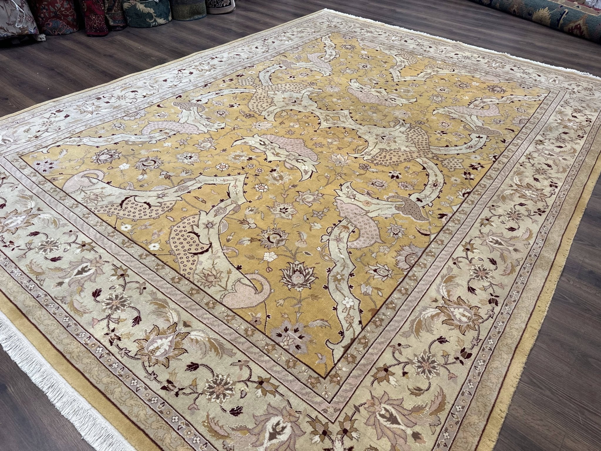 Sino Persian Rug 8x11, Wool with Silk Highlights, Unique Colors, Gold and Light Green, Fine 240 KPSI - Jewel RugsShopify CollectiveHUNTEDFOX - Sino Persian Rug 8x11, Wool with Silk Highlights, Unique Colors, Gold and Light Green, Fine 240 KPSI