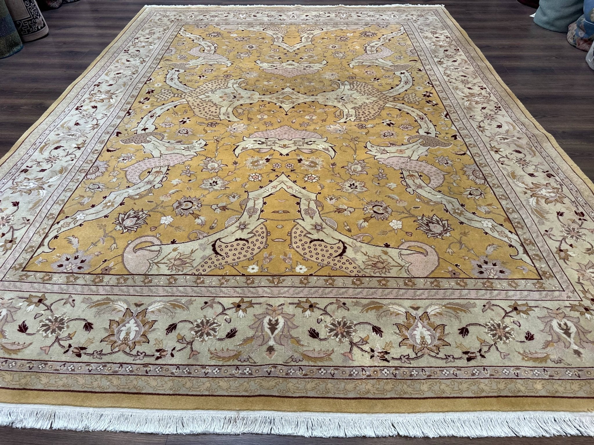 Sino Persian Rug 8x11, Wool with Silk Highlights, Unique Colors, Gold and Light Green, Fine 240 KPSI - Jewel RugsShopify CollectiveHUNTEDFOX - Sino Persian Rug 8x11, Wool with Silk Highlights, Unique Colors, Gold and Light Green, Fine 240 KPSI