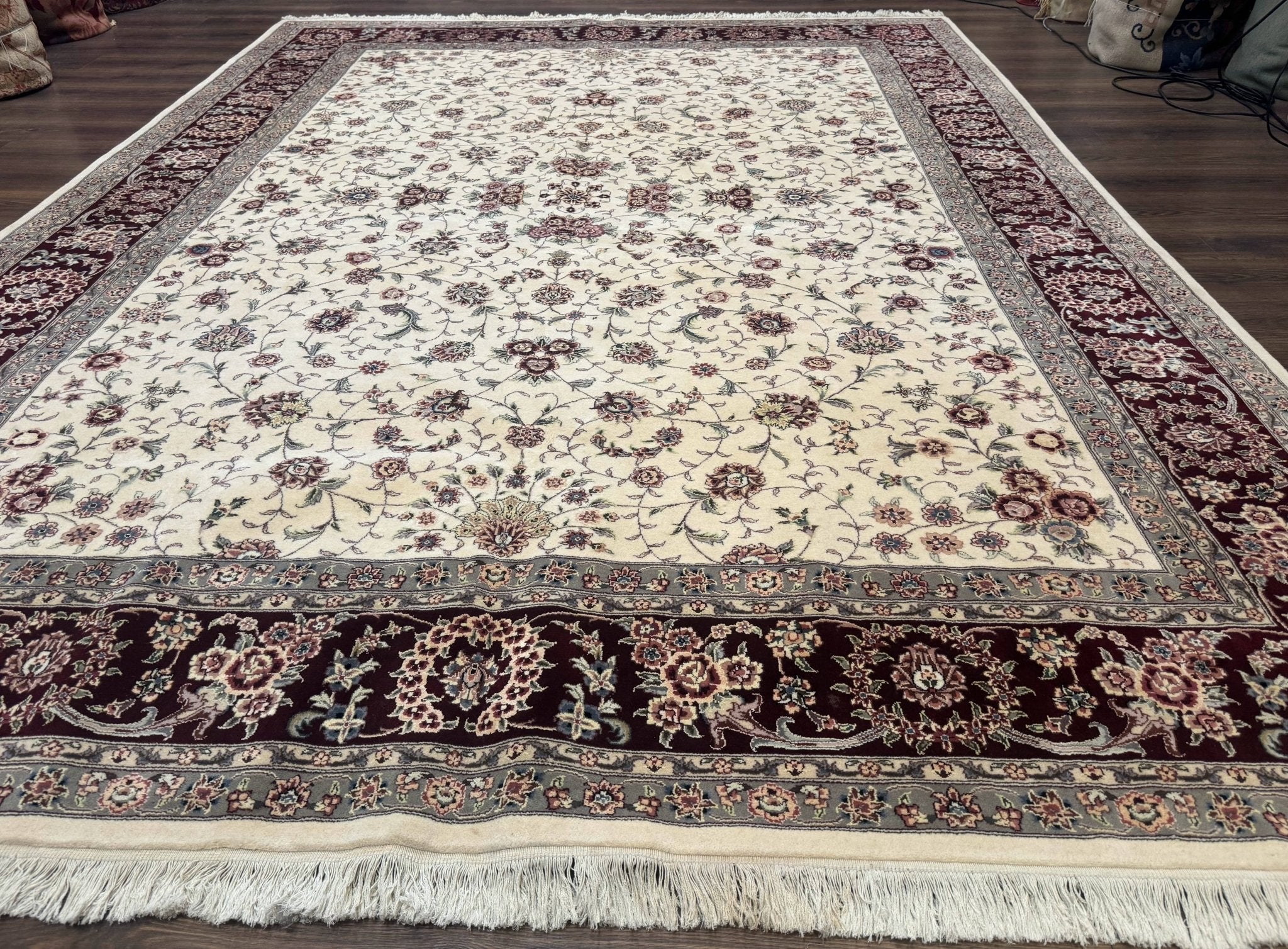 Sino Persian Rug 9x12, Floral Allover Design, 170 KPSI, Ivory and Dark Maroon - Jewel RugsShopify CollectiveHUNTEDFOX - Sino Persian Rug 9x12, Floral Allover Design, 170 KPSI, Ivory and Dark Maroon