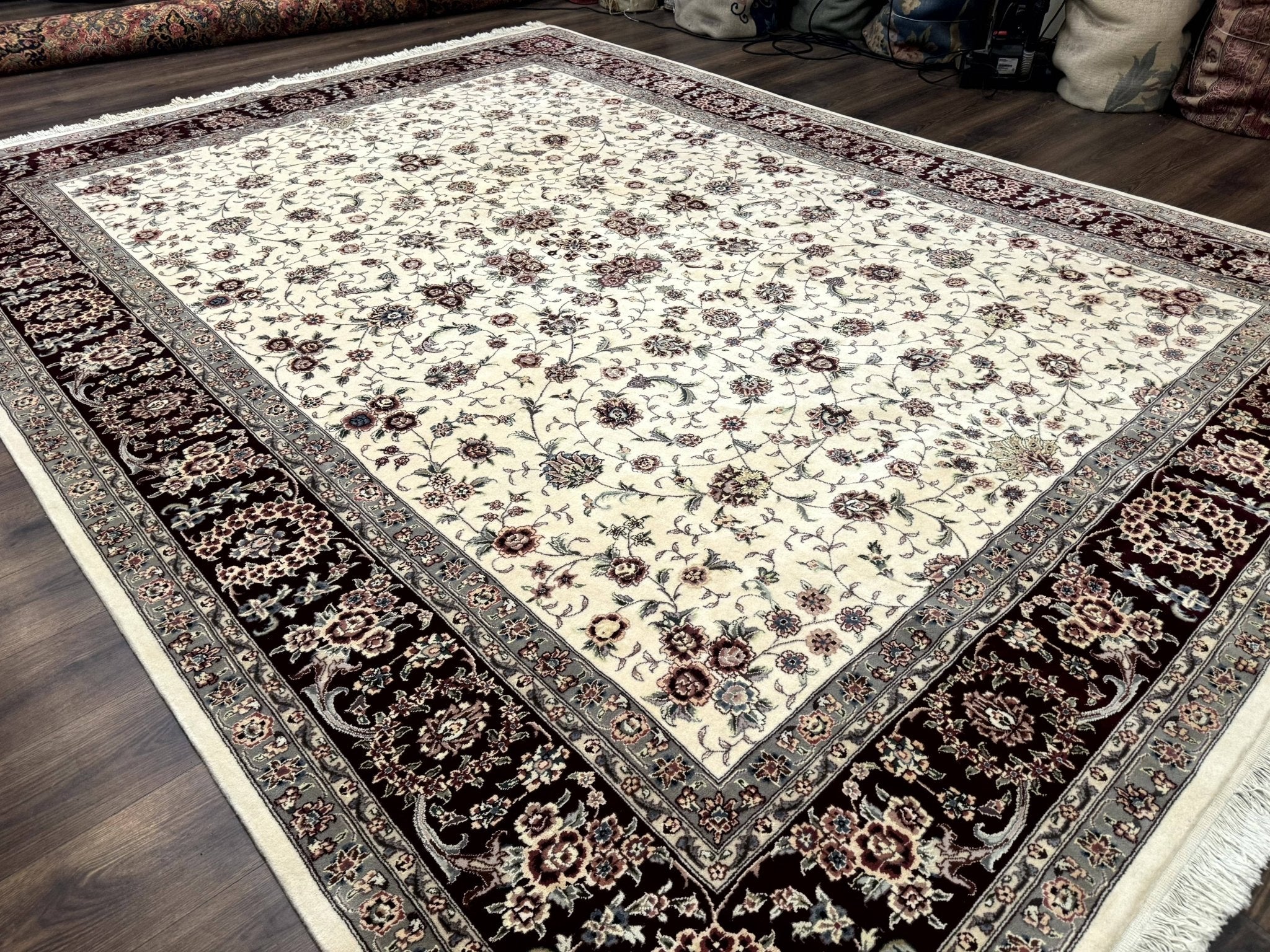 Sino Persian Rug 9x12, Floral Allover Design, 170 KPSI, Ivory and Dark Maroon - Jewel RugsShopify CollectiveHUNTEDFOX - Sino Persian Rug 9x12, Floral Allover Design, 170 KPSI, Ivory and Dark Maroon